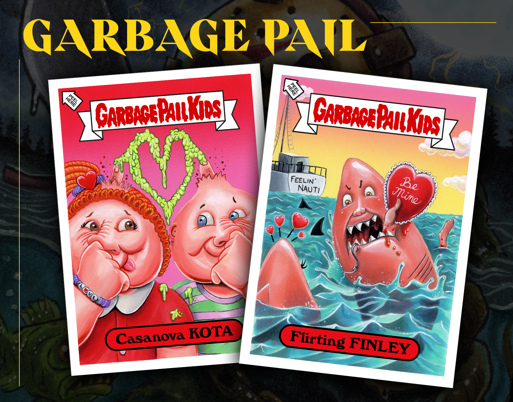 Book covers from Garbage Pail Kids series showing satirical cartoon characters. The first cover features a girl with red curly hair and a boy with a bald head, with a green heart made of slime between them, titled "Casanova KOTA." The second cover shows a cartoon shark biting a red heart, with a boat in the background and the quote "Feelin' Nauti," titled "Flirting FINLEY."