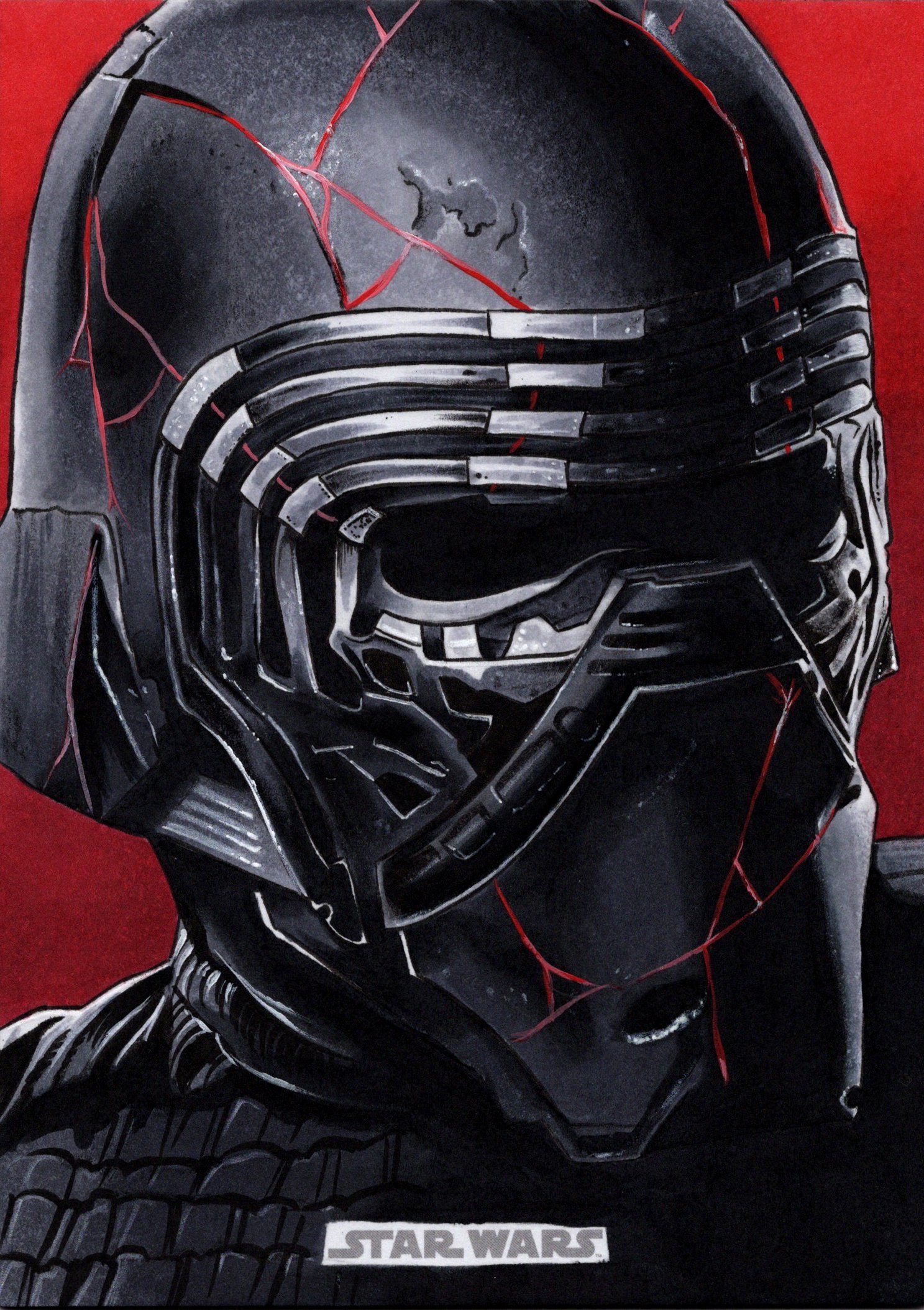 A detailed painting of Kylo Ren's helmet from Star Wars, featuring cracks and scratches on a black and chrome surface, with a red background and a Star Wars logo at the bottom.