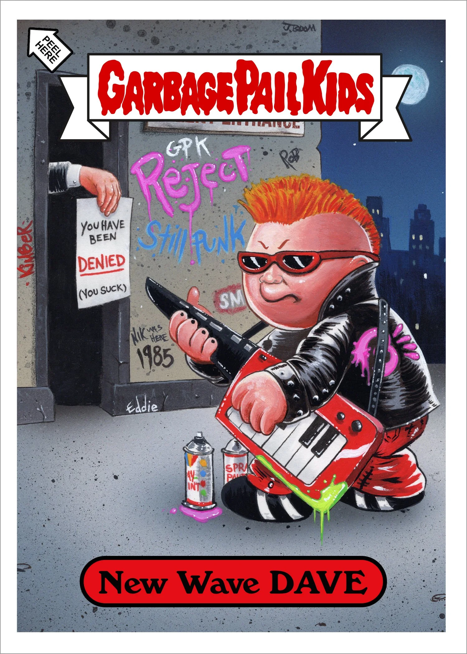 A graffiti-style street art depicting a cartoon character with red hair, sunglasses, a leather jacket, and red pants, holding a toy gun and a keyboard. Spray paint cans are on the ground, and a graffiti-covered wall with a sticker that says 'You have been denied (you suck)' is in the background. The art is labeled 'Garbage Fail Kids' and 'New Wave DAVE' at the top and bottom of the image.