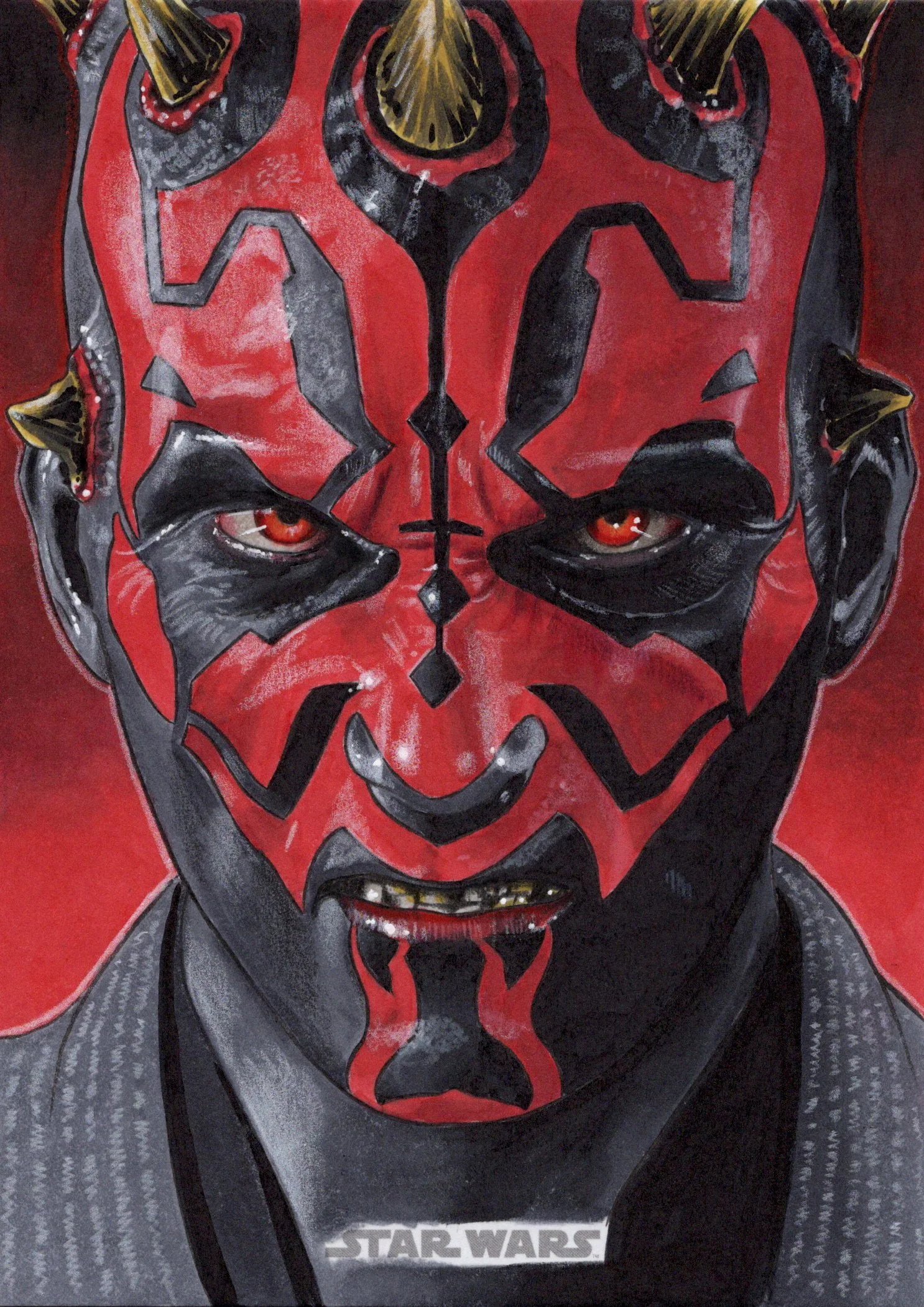 A person with red and black face paint resembling Darth Maul from Star Wars, with glowing red eyes, gold horns on the forehead, and a gray jacket featuring the Star Wars logo.
