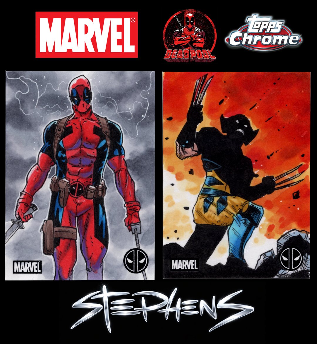 Comic book style illustration of Marvel characters Deadpool and Black Panther, with Marvel logos, and Topps Chrome branding, with the name Stephens underneath.