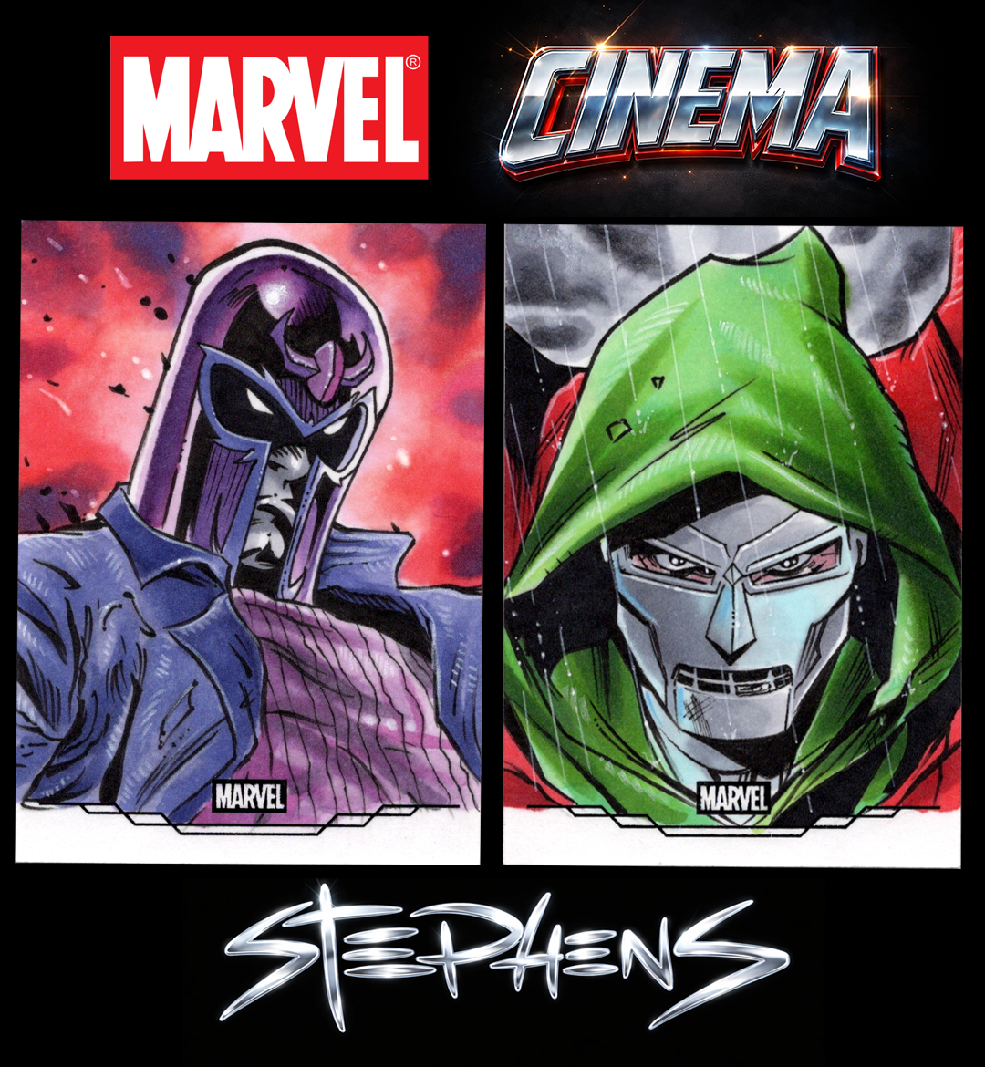 Marvel and Cinema logos at the top. Below are portraits of two comic characters: one on the left with purple face and black mask, and one on the right with a metallic face and green hood, both in comic book style. The name 'Stephens' appears at the bottom.