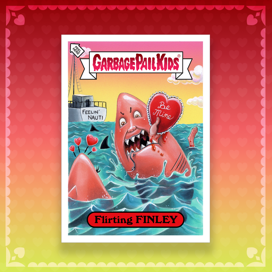 A humorous cartoon cover featuring a grumpy-looking shark in the ocean, holding a red Valentine heart that says "Be Mine." The background shows a yacht with a sign that reads "Feel'n Nauti!" and a sunset sky with clouds. The top of the cover has the title "GARBAGE PAIL KIDS," and the bottom has the caption "Flirting FINLEY" in black text on a red background.
