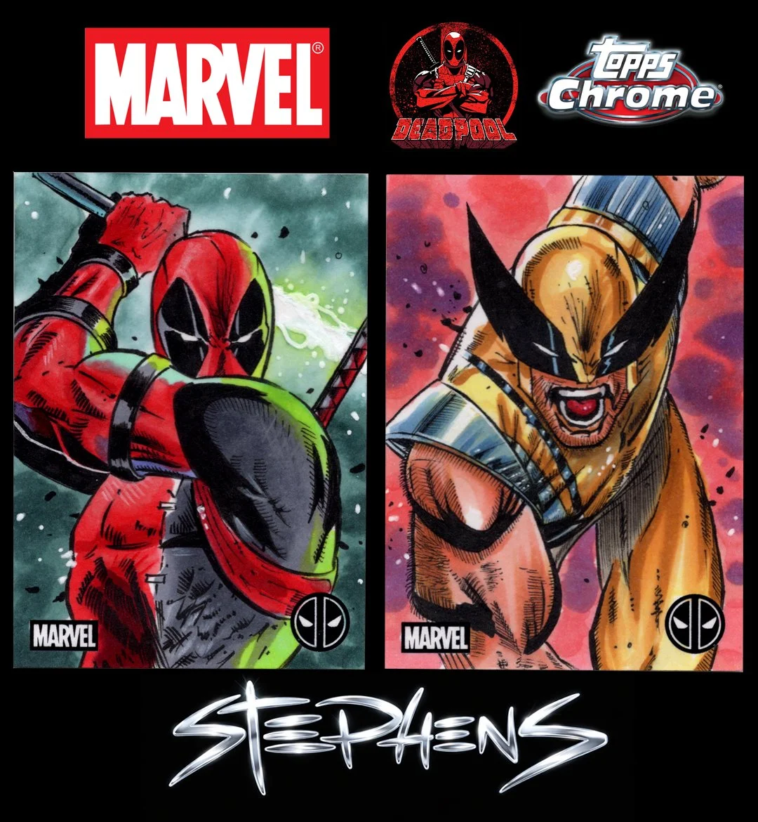Comic book style illustration featuring Deadpool on the left and Wolverine on the right. Deadpool is in a red and black costume, holding a katana. Wolverine is in a yellow and blue costume, with claws extended, against a colorful, dynamic background. Logos for Marvel, Deadpool, Topps Chrome, and a signature 'Stephens' are at the top and bottom.