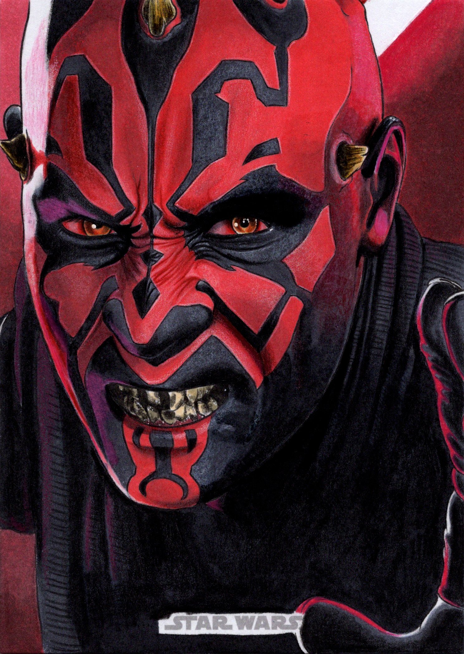 A close-up of a man with face paint inspired by Darth Maul from Star Wars, showcasing red and black markings, a menacing expression, gold teeth, and intense eyes. He is wearing a dark outfit with a visible