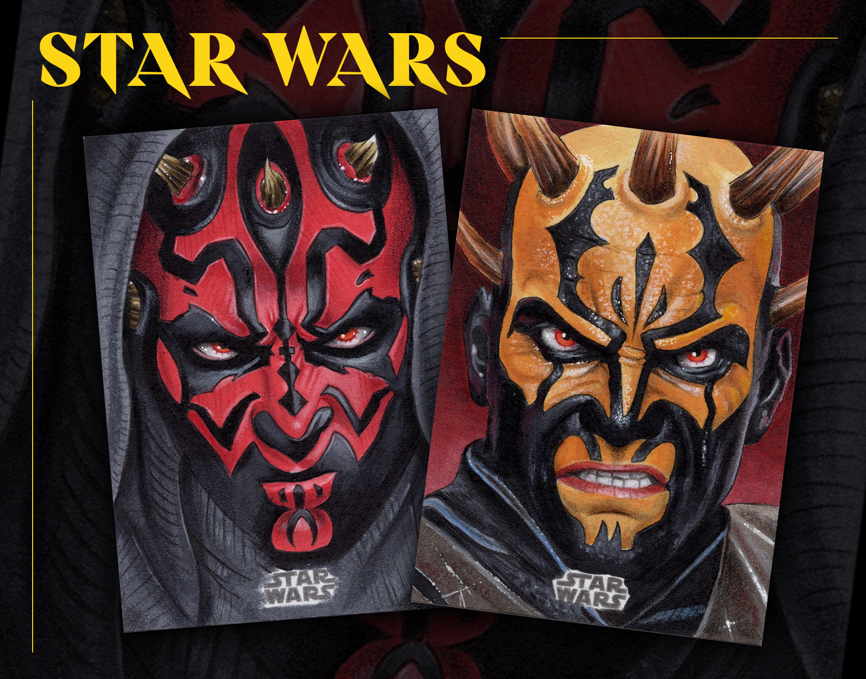 Two illustrated posters of Star Wars characters with red and orange face paint, featuring intense expressions and the Star Wars logo at the bottom.