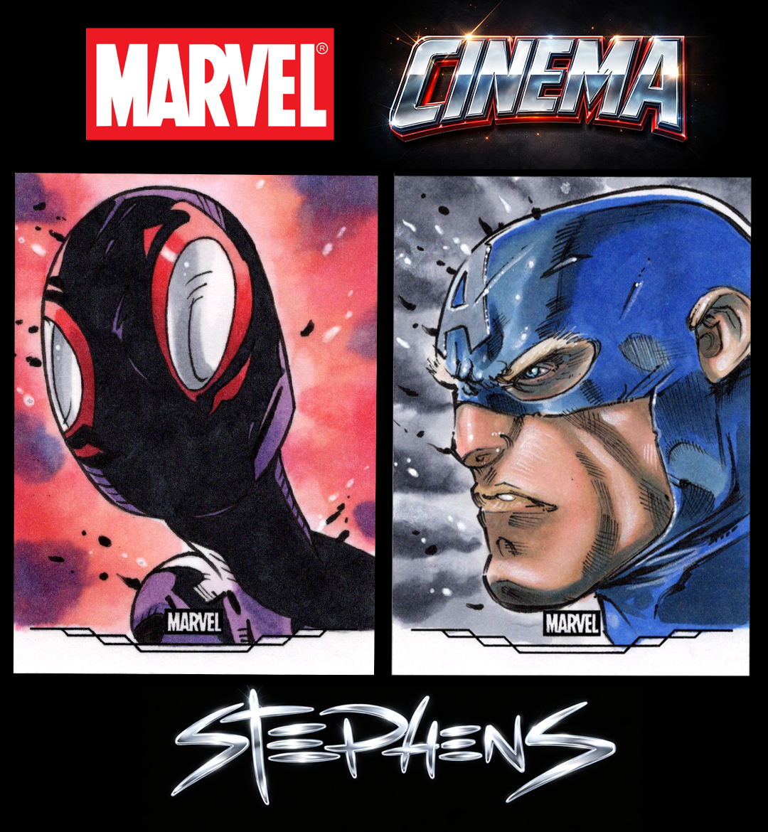 Marvel characters Spider-Man and Captain America depicted in comic book style in a promotional image titled "Stephens" with logos for Marvel and Cinema at the top.