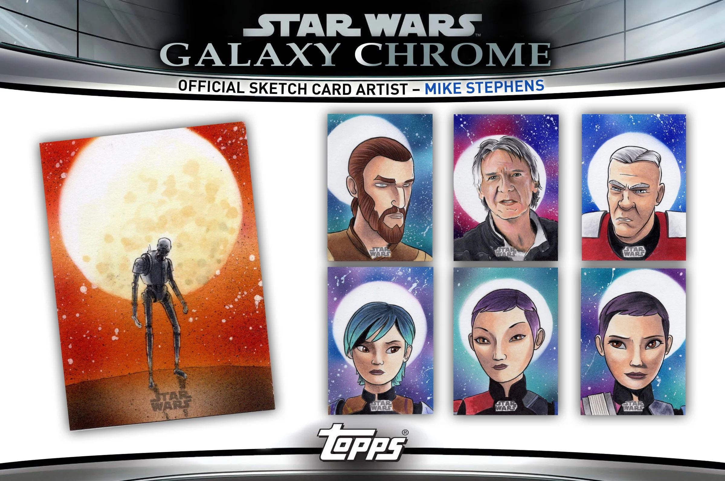 Star Wars Galaxy Chrome official sketch card art featuring six characters and a droid in space with a large moon or sun in the background, with the Topps logo at the bottom.