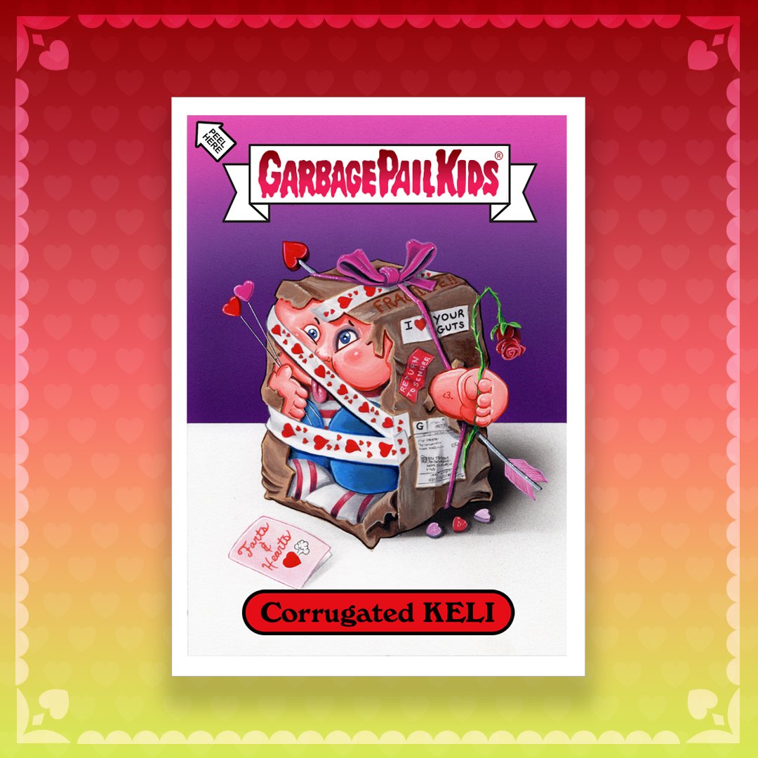 Packaging for Garbage Pail Kids KELI character with a cartoonish child inside a trash bag labeled 'Corugated KELI,' holding a rose, surrounded by love-themed items, with a colorful, heart-patterned background.
