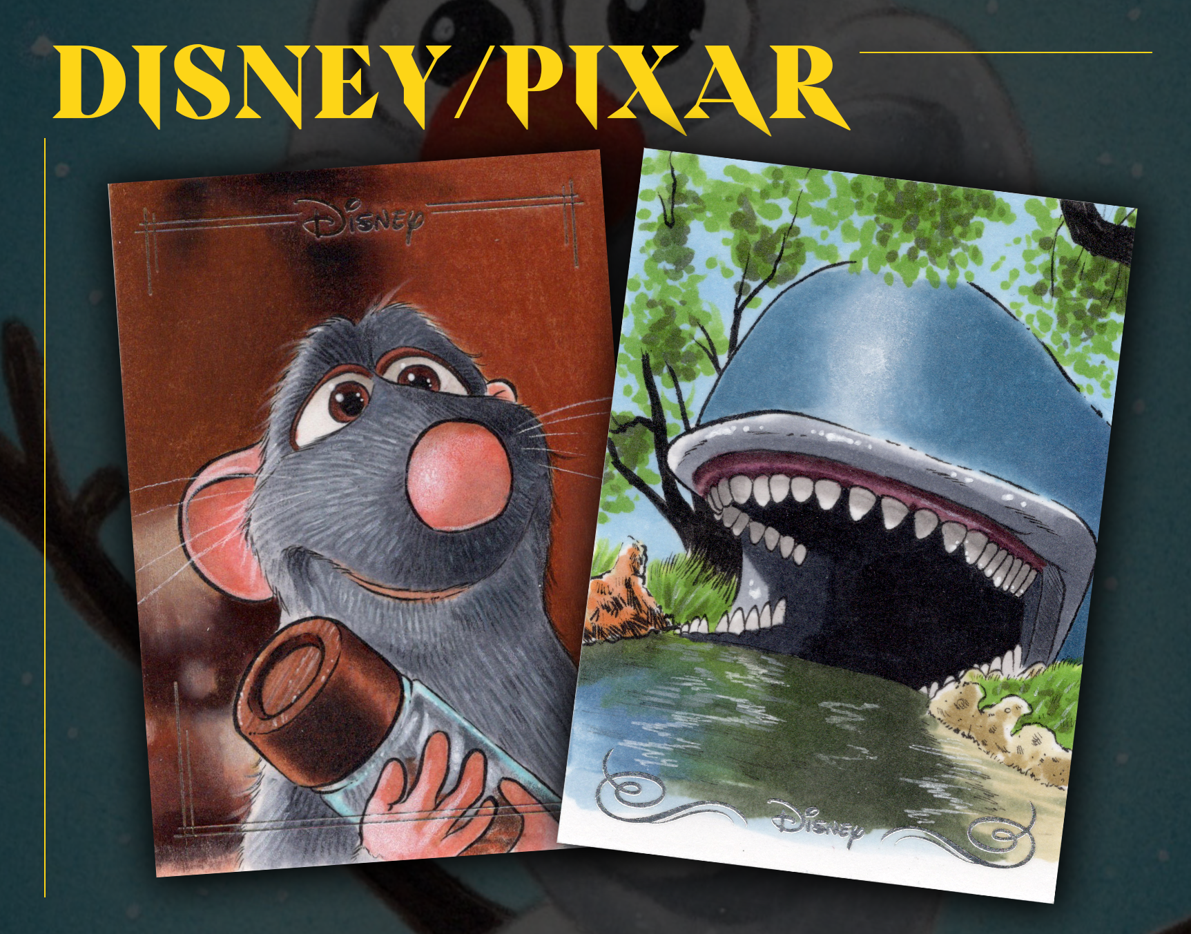 Images of Disney/Pixar characters: Remy from Ratatouille holding a rolling pin, and a stylized depiction of the shark from Finding Nemo with an open mouth, set in a colorful outdoor scene.