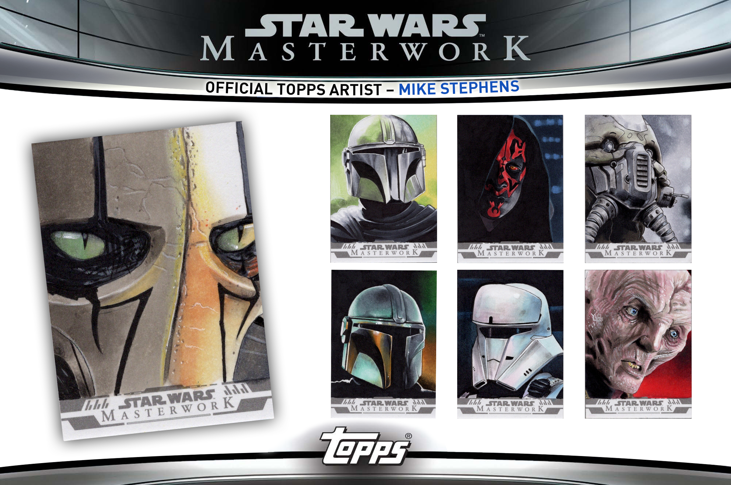 Star Wars Masterwork collectible cards featuring various characters, including the Mandalorian helmet, Darth Maul mask, Boba Fett helmet, Darth Vader helmet, Stormtrooper helmet, and a character with a grotesque face, with the Topps logo at the bottom.