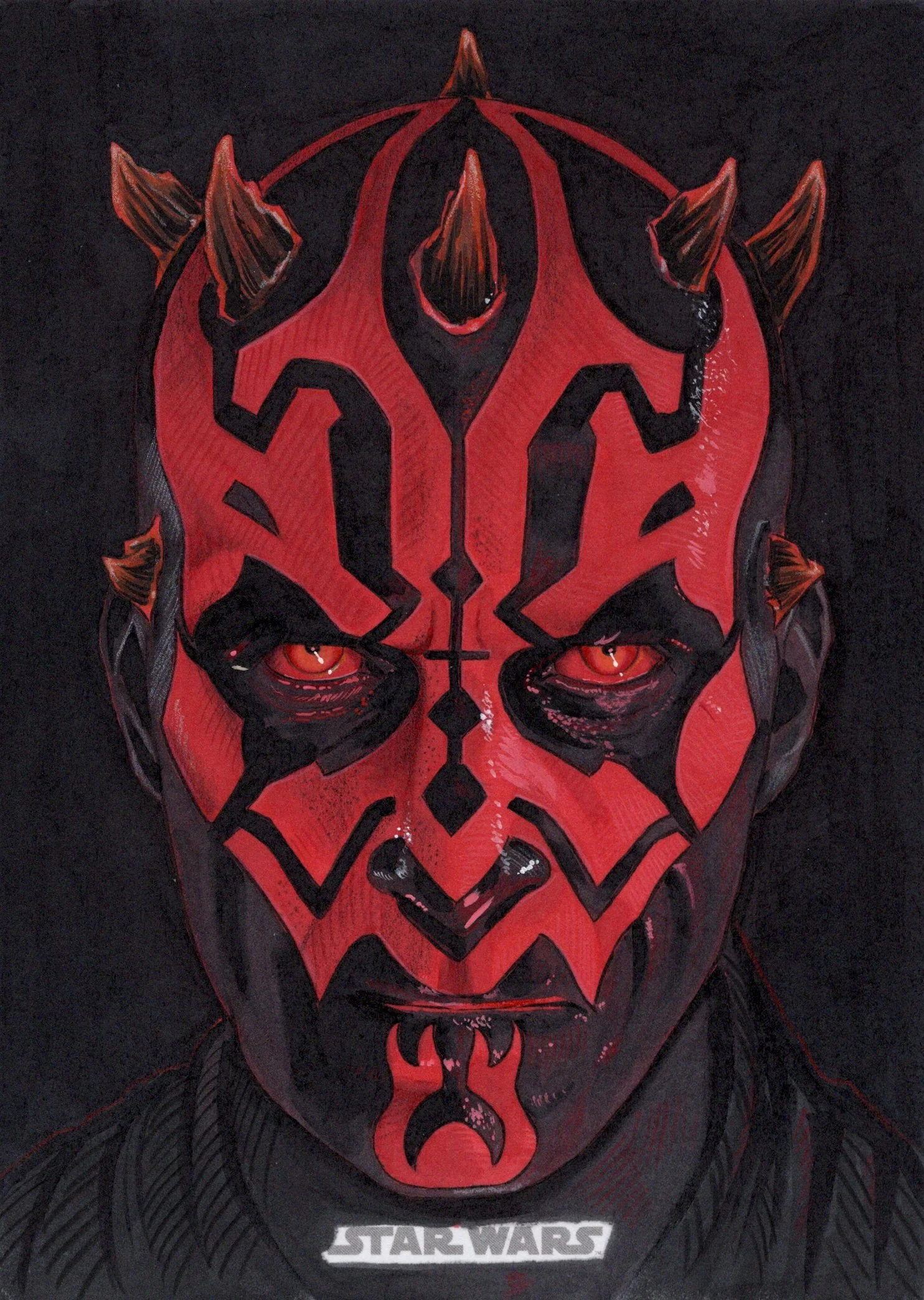 A person with red and black face paint resembling Darth Maul from Star Wars, with multiple horns on their head, and a dark background.