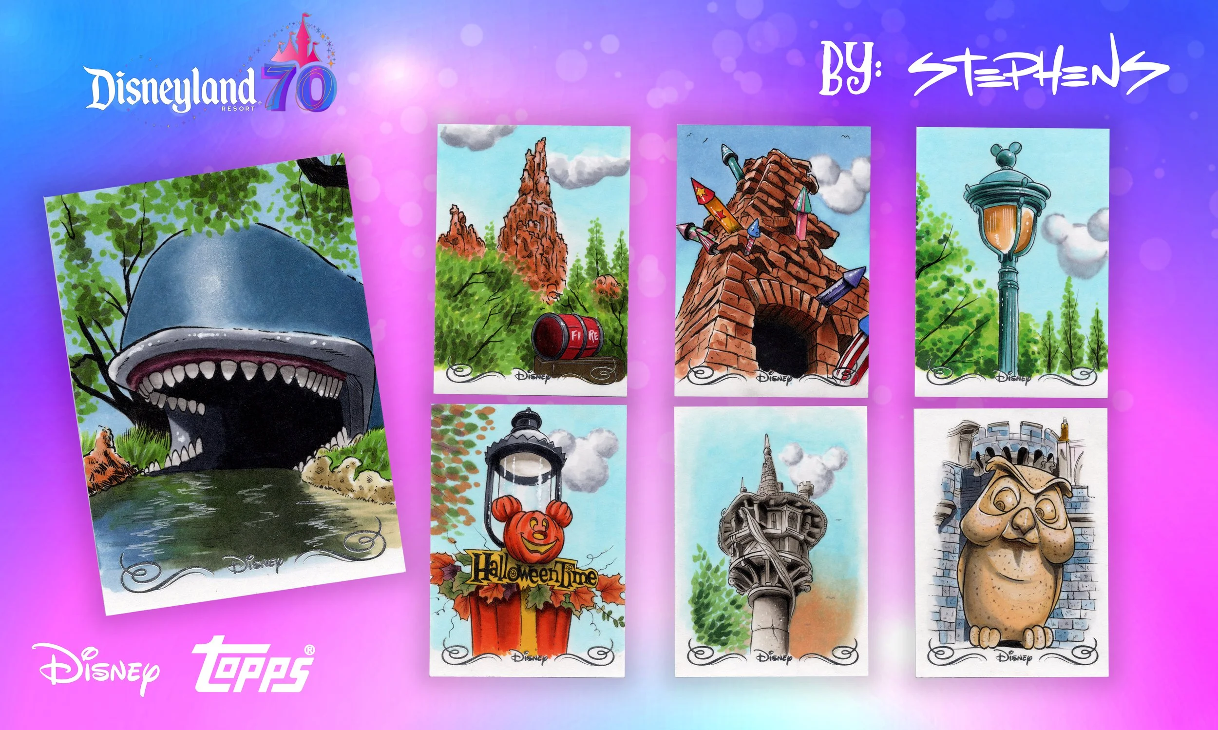 Collection of Disney-themed collectible cards featuring images of iconic Disneyland attractions and symbols, including a whale's mouth, mountain, brick chimney with crayons, lamp post, Halloween pumpkin, tower, and a stone owl, set against a purple and pink background with Disney and Topps logos.