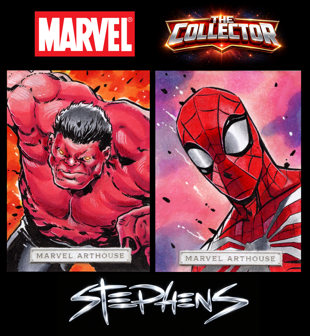 Comic book style illustrations of the Hulk and Spider-Man from Marvel, with Marvel and The Collector logos at the top, and the name Stephens at the bottom.