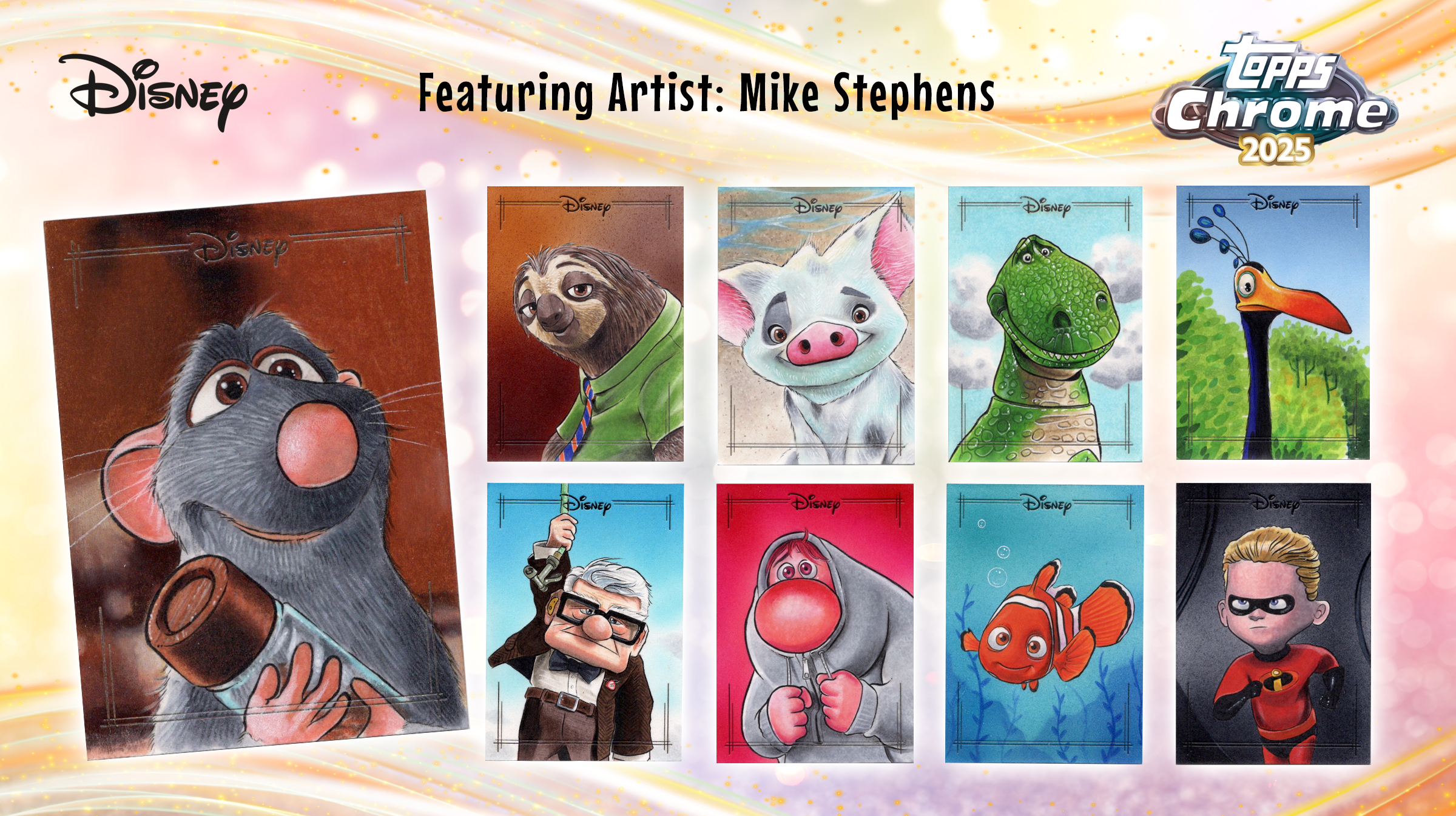 Collection of Disney-themed collectible cards featuring characters from Pixar movies, including Remy from Ratatouille, Crush from Finding Nemo, Dory from Finding Nemo, Rex from Toy Story, and Mr. Incredible from The Incredibles, with a decorative background and the Topps Chrome 2025 logo.