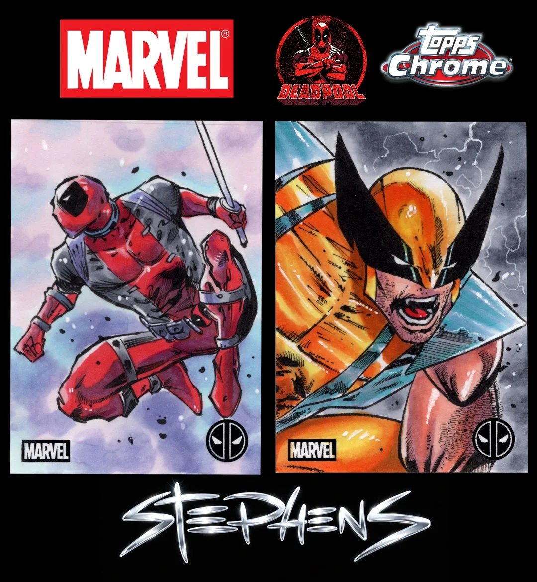 Marvel comic book cover featuring Deadpool and Wolverine, with logos for Marvel, Deadpool, Topps Chrome, and a signature of Stephens.