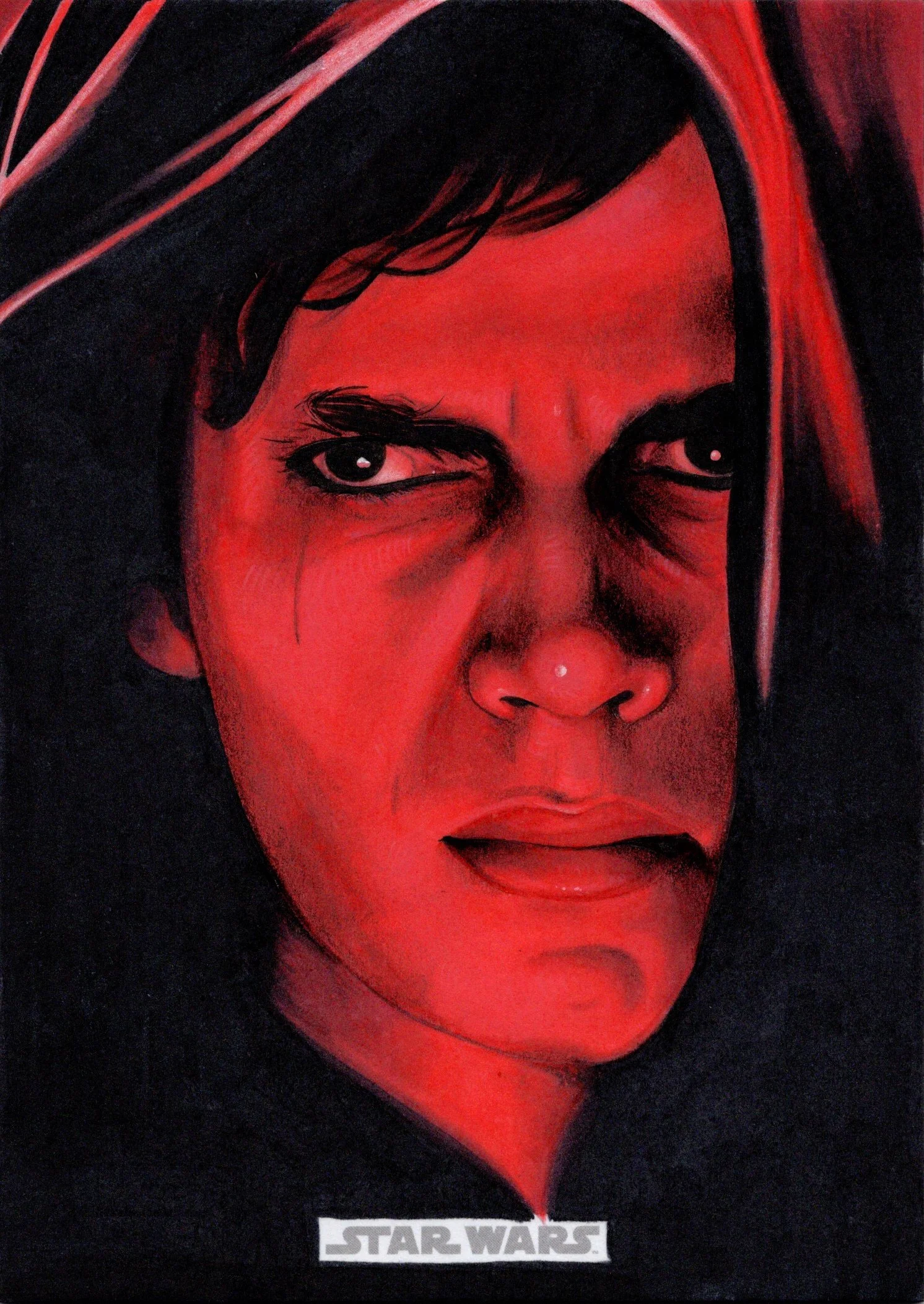 Close-up portrait of Han Solo from Star Wars with intense expression, dark background, and the Star Wars logo at the bottom.