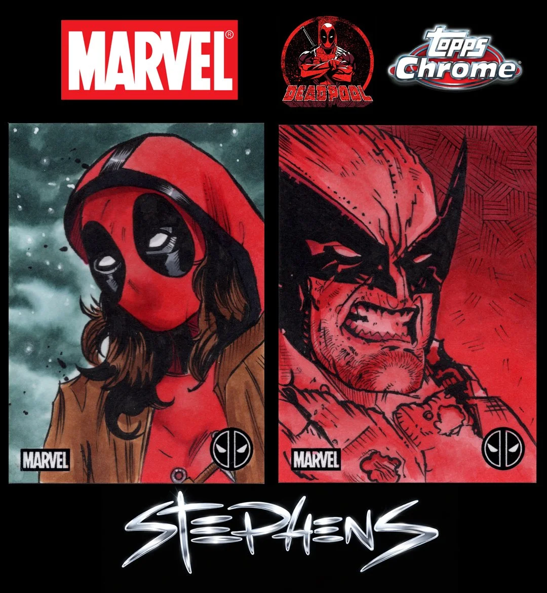 Marvel-themed collage featuring Deadpool and Wolverine illustrations, with the Marvel, Deadpool, and Topps Chrome logos, and the name 'Stephens' at the bottom.