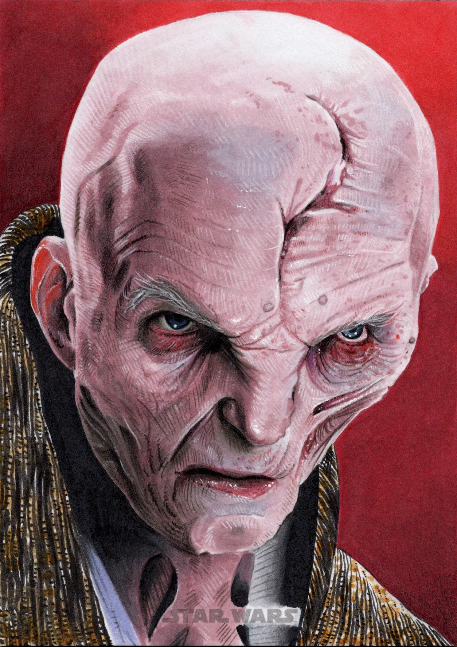Close-up of a humanoid character with a wrinkled, pale face, intense blue eyes, and bald head, wearing a detailed robe, with a red background.