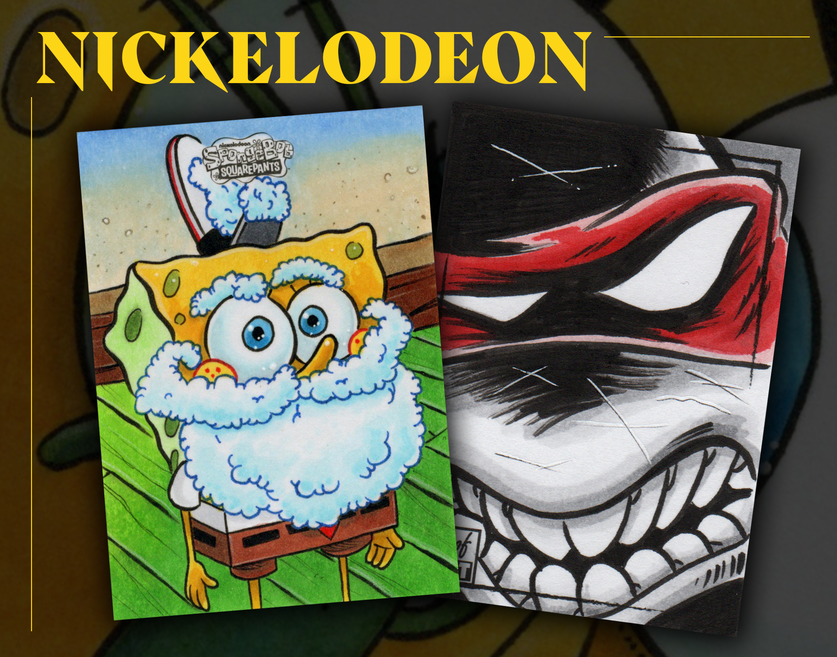 Two Nickelodeon themed illustrations; one features SpongeBob SquarePants with a cartoonish style, the other depicts a stylized angry face with sharp teeth, using bold black and red colors.