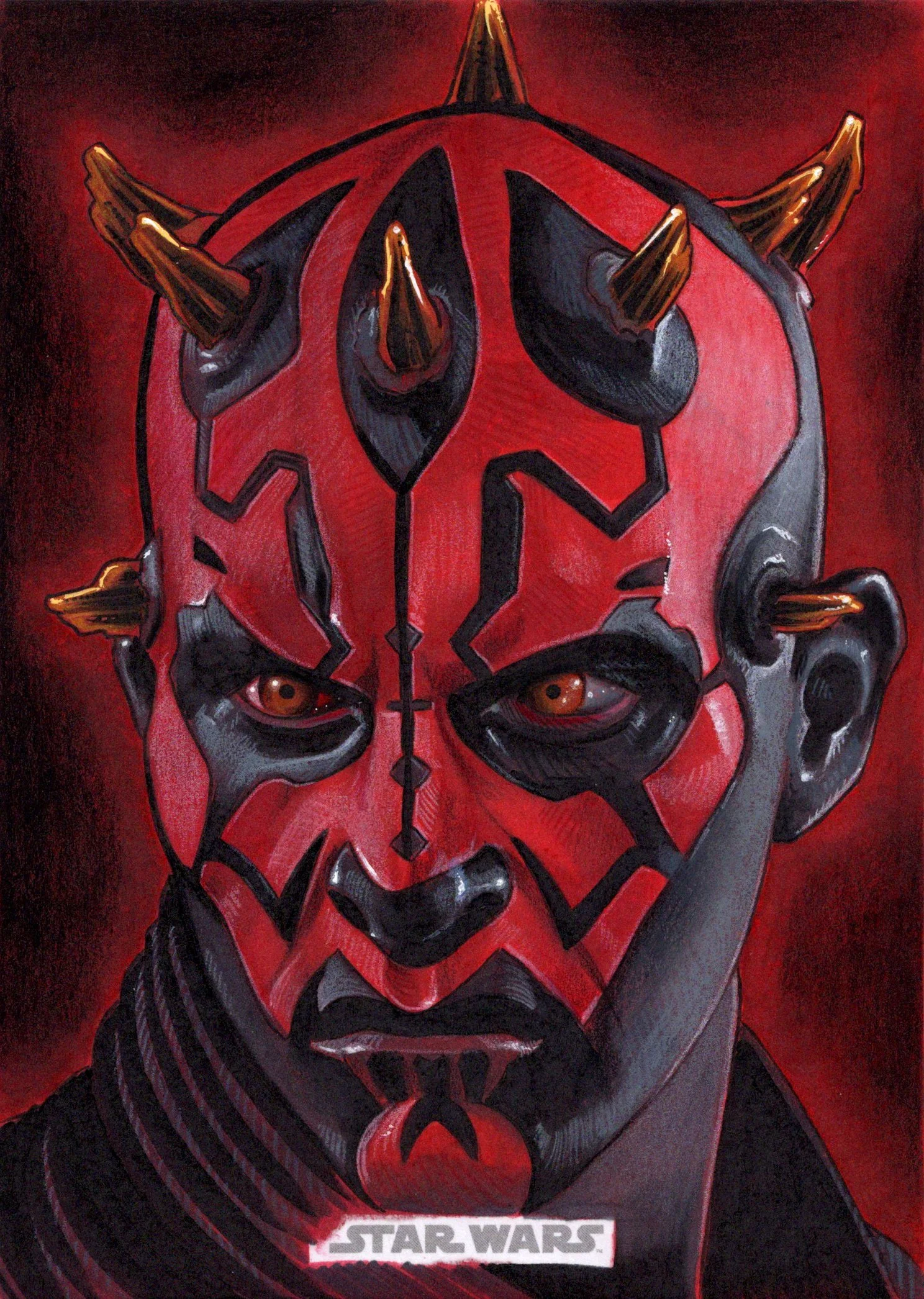 A painted portrait of Darth Maul from Star Wars, featuring red skin, black markings, and horns on his head, with intense yellow eyes. The Star Wars logo is at the bottom.