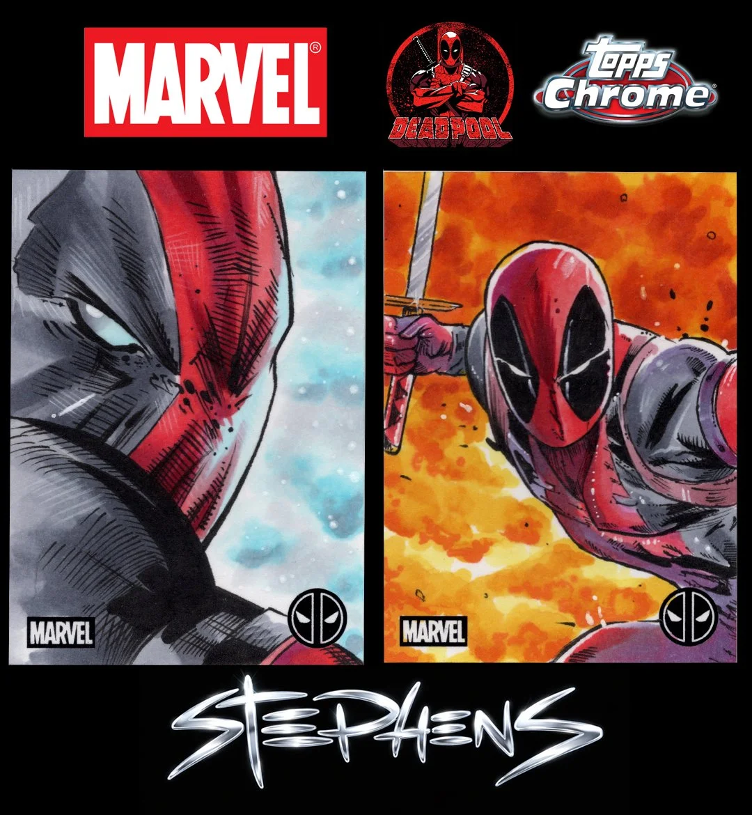 Marvel comic book cover featuring Deadpool in two action scenes; one close-up face shot and one in battle pose with a sword, with logos of Marvel, Deadpool, Topps Chrome, and the name Stephens.