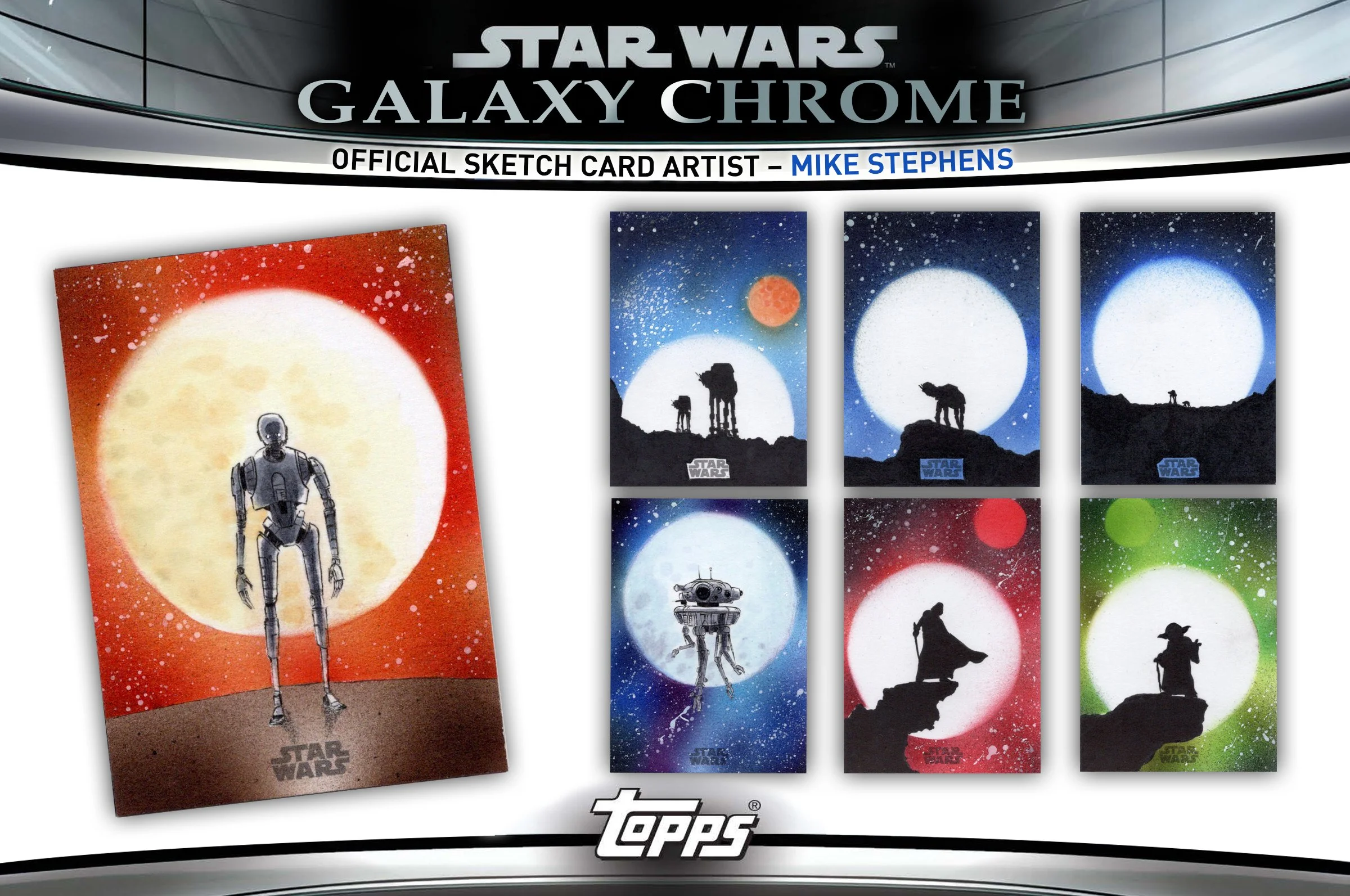 Collection of Star Wars Galaxy Chrome sketch cards featuring characters and scenes with moons and planets, by artist Mike Stephens, with one card of a robot standing against a large moon background.