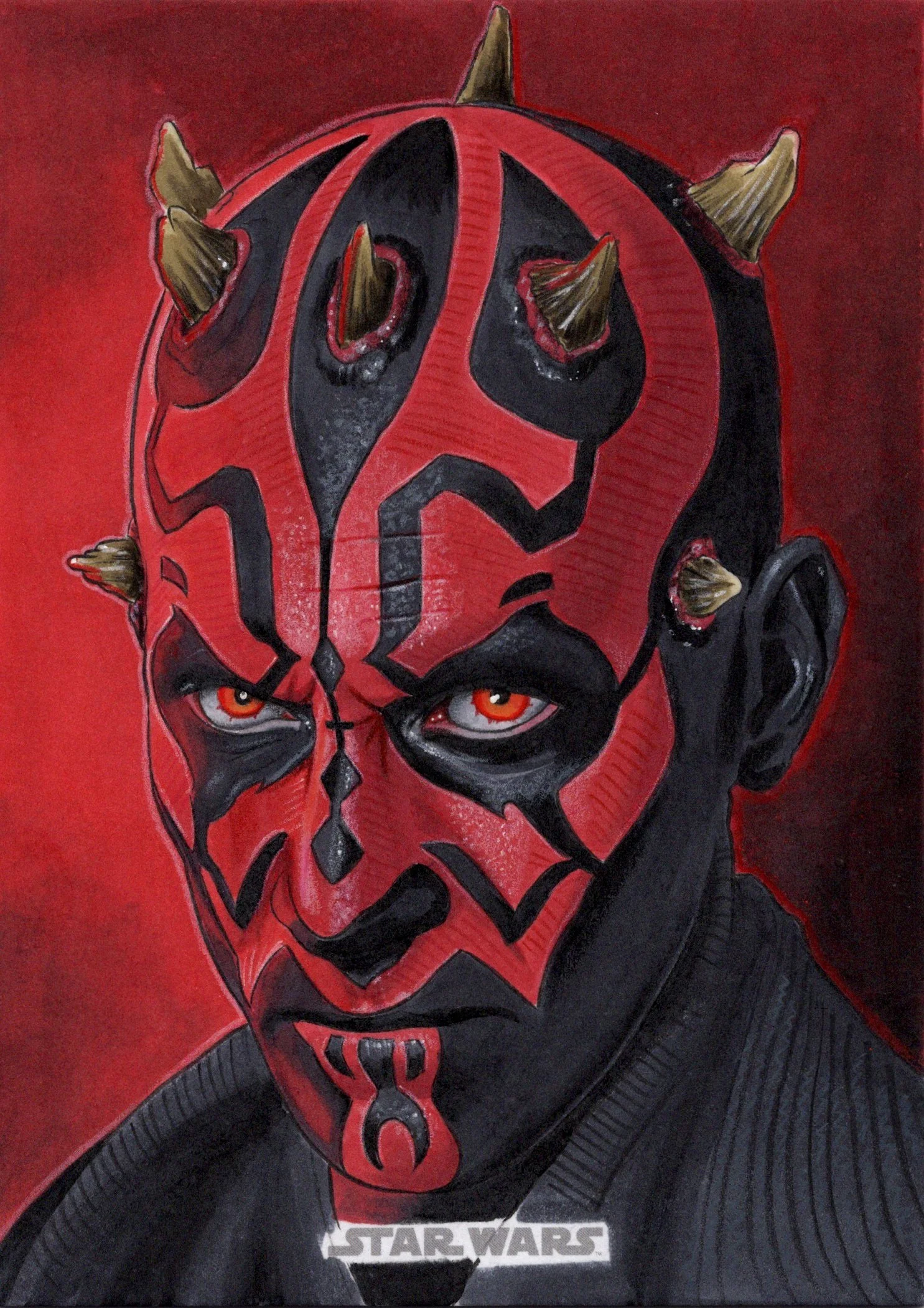 A painting of a character with a red and black mask, orange eyes, and small brown horns, with a dark background and a Star Wars logo at the bottom.