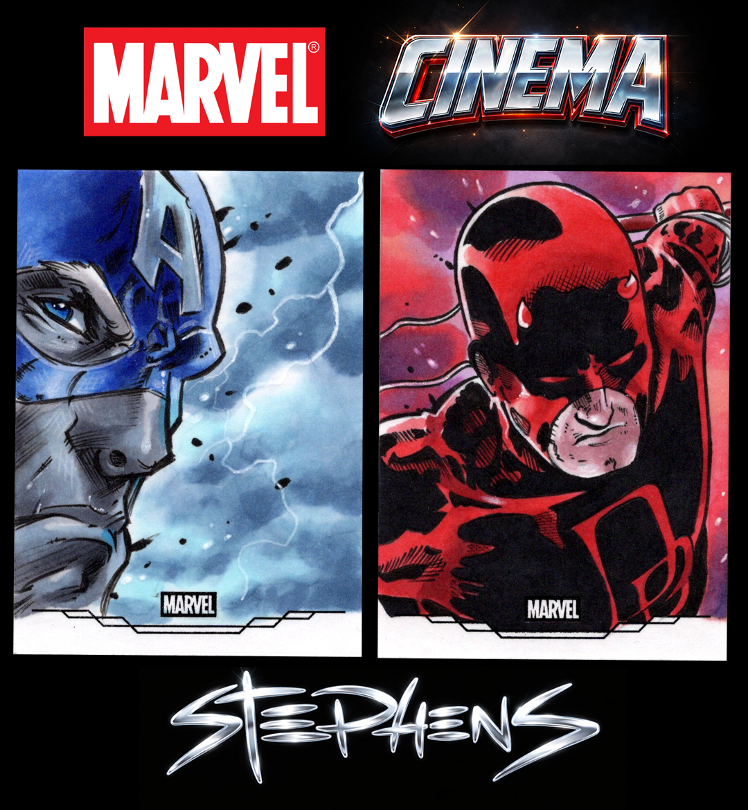 Marvel logo at the top, with 'Cinema' in stylized font. Two comic book covers below: one featuring a close-up of Thor with a rainstorm background, and another featuring Deadpool with a pink and purple cosmic background. The name 'Stephens' appears at the bottom in glowing, stylized font.
