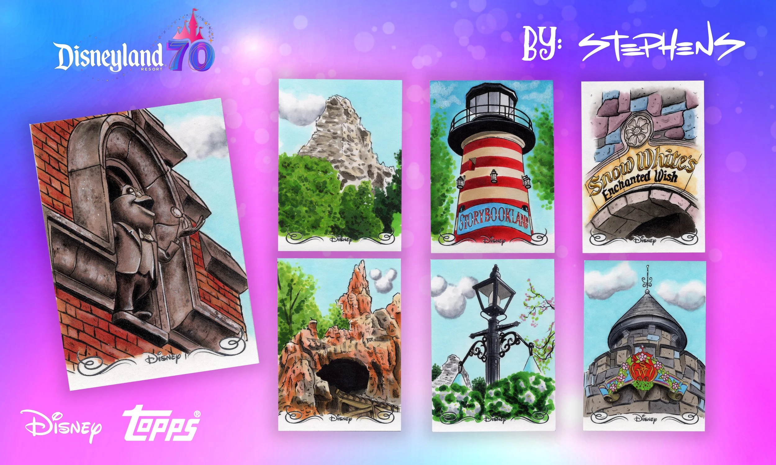 Collection of Disney-themed Topps trading cards celebrating Disneyland's 70th anniversary, featuring scenes like a lamp post, Mountain, Storybook Land lighthouse, Snow White's Enchanted Wish entrance, mountain tunnel, and castle turret.