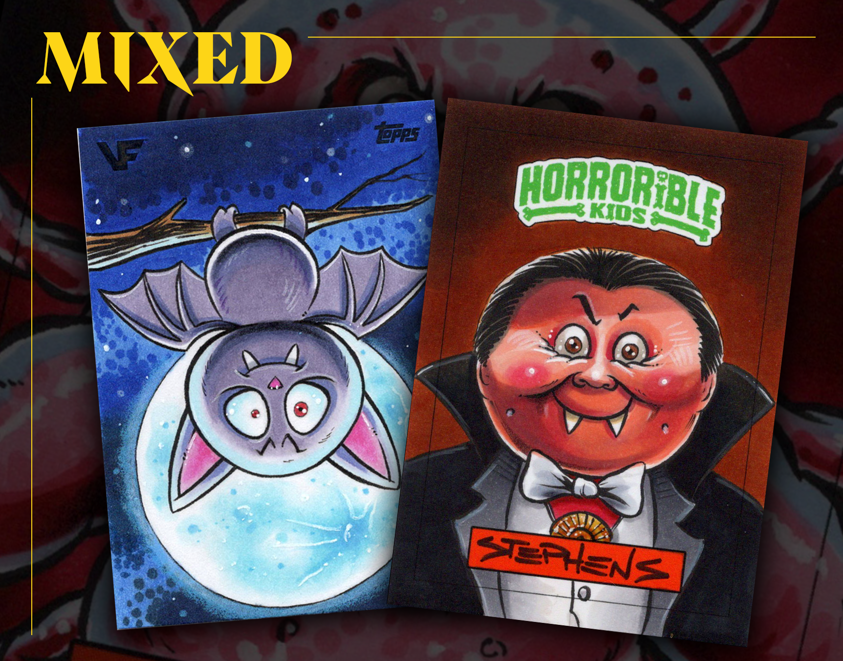 Two illustrated posters featuring Halloween characters. The left poster has a purple bat-like creature with large eyes, hanging upside down from a tree branch against a night sky background with stars and a full moon. The right poster depicts a smiling, vampire-like character with a pig's face, dressed in a tuxedo and bow tie, with the label 'Horrible Kids'.