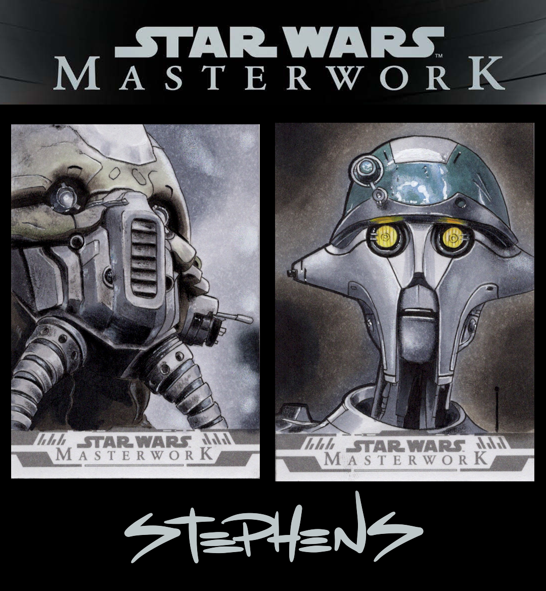 Star Wars Masterwork art print featuring two detailed painted portraits of droids, one on the left with a beige and gray robotic head, and one on the right with a white and gray head, set against a dark background with the text 'Star Wars Masterwork' at the top and 'Stephens' at the bottom.