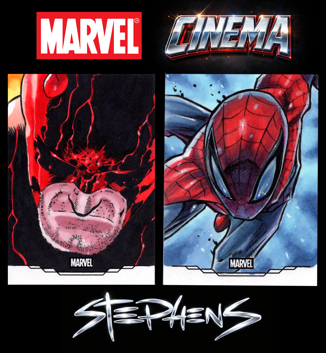 Marvel logos at the top, side-by-side 'Marvel Cinema' sign, two comic book art images of Marvel characters, one of Venom with a black and red design and another of Spider-Man in a jumping pose, and the name 'Stephen' written in glowing stylized script at the bottom.