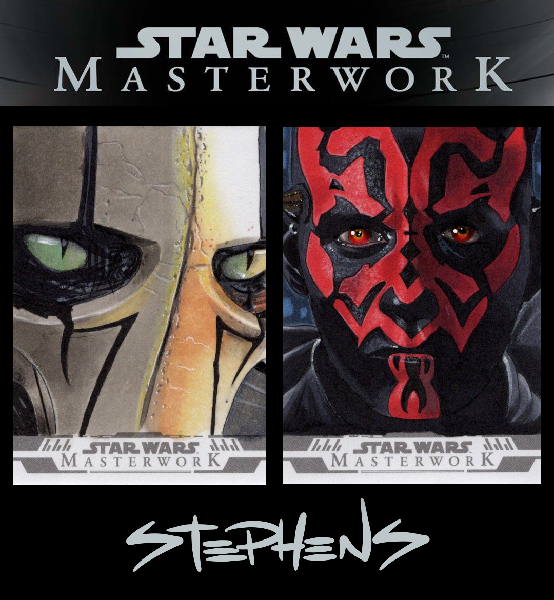 Star Wars Masterwork collectible cards featuring Star Wars characters, one with a close-up of a robotic face with green eyes, and the other with a red and black face paint masker with orange eyes.