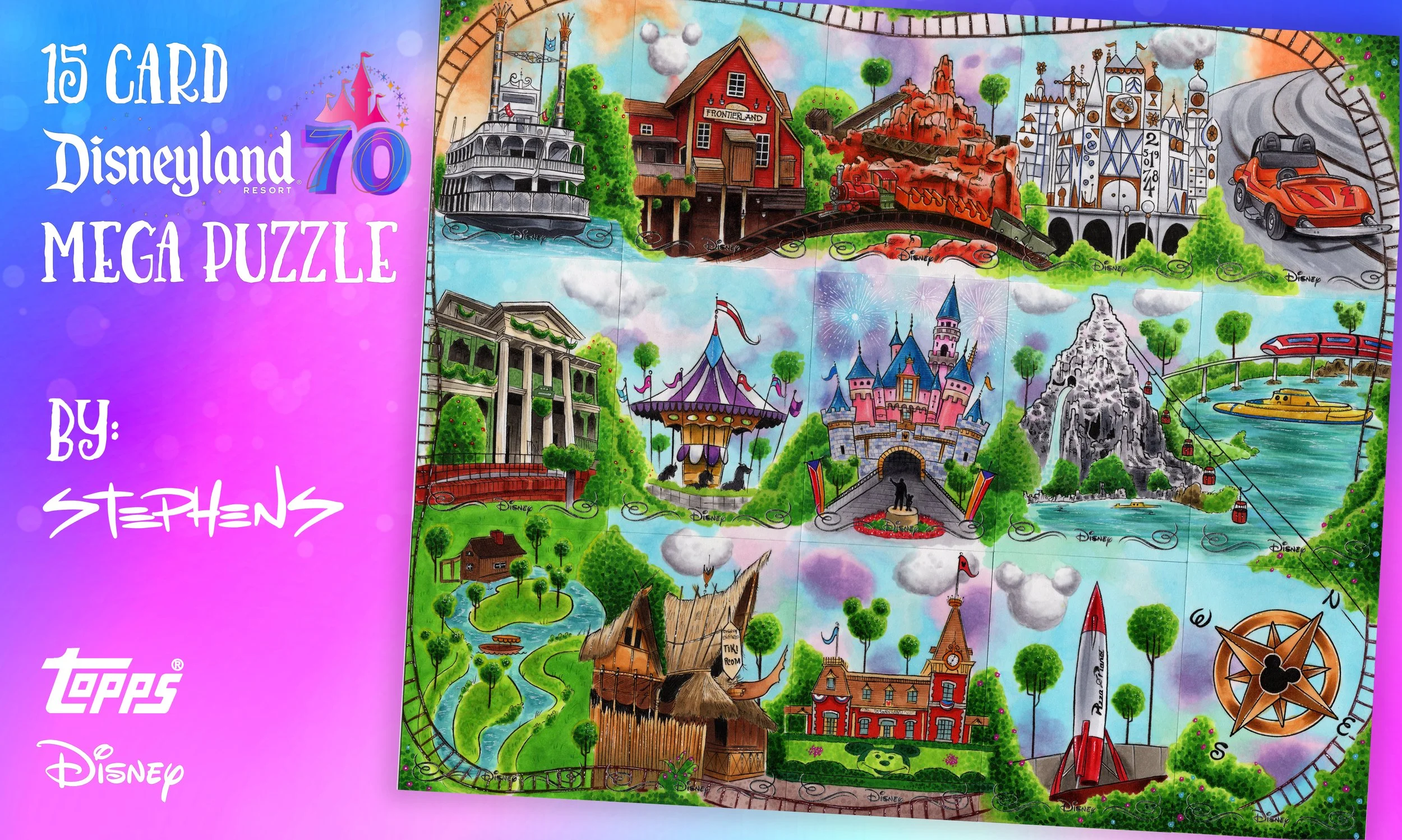 A Disney-themed puzzle map featuring various attractions like a castle, Matterhorn mountain, car ride, gondola, ferris wheel, and other rides and landmarks from Disneyland.