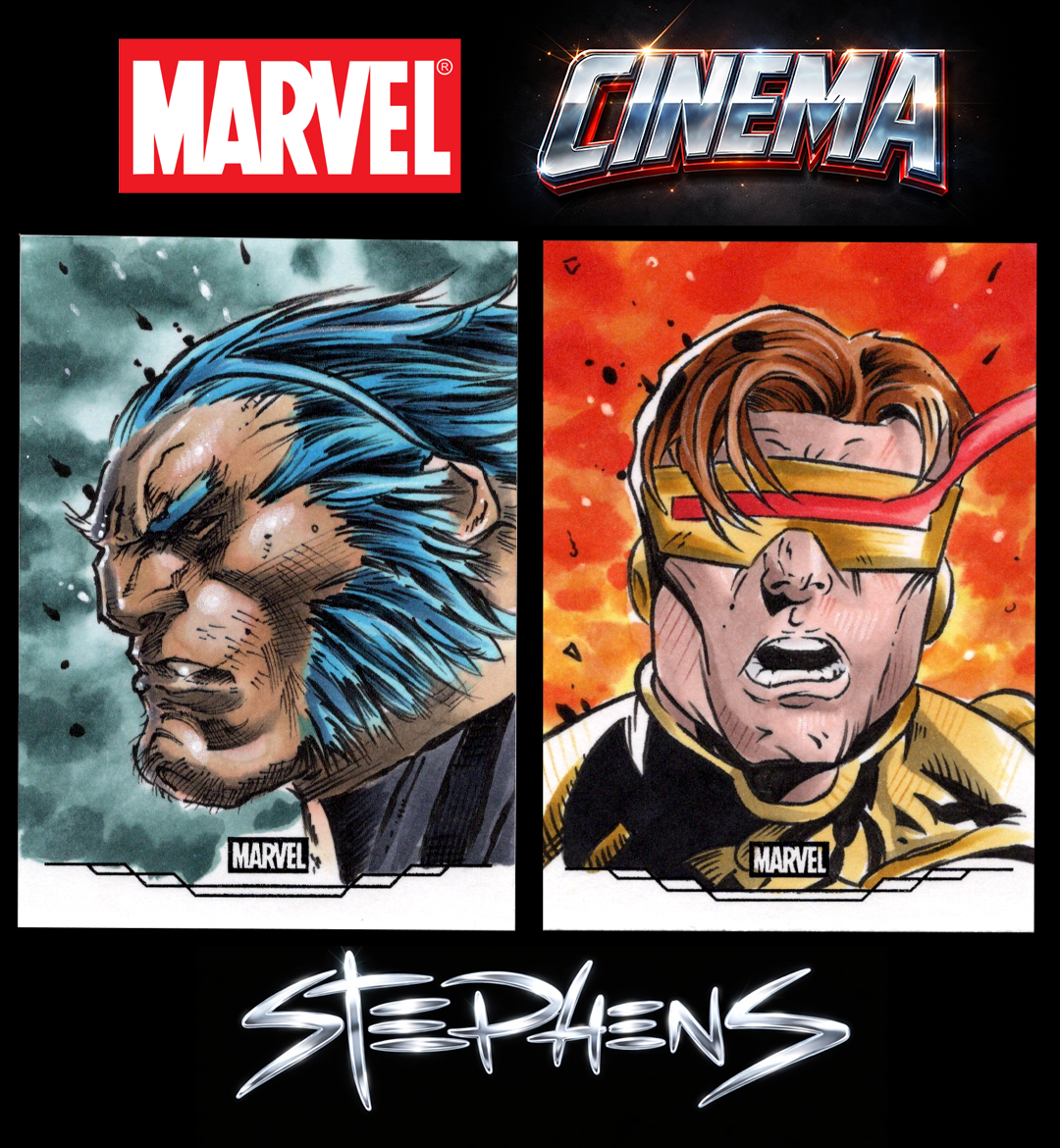 Comic book style Marvel characters Wolverine on the left with blue hair and armor, and Cyclops on the right with goggles and red visor. The Marvel logo appears at the top left, with the word 'Cinema' at the top right, and the name 'Stephens' at the bottom.