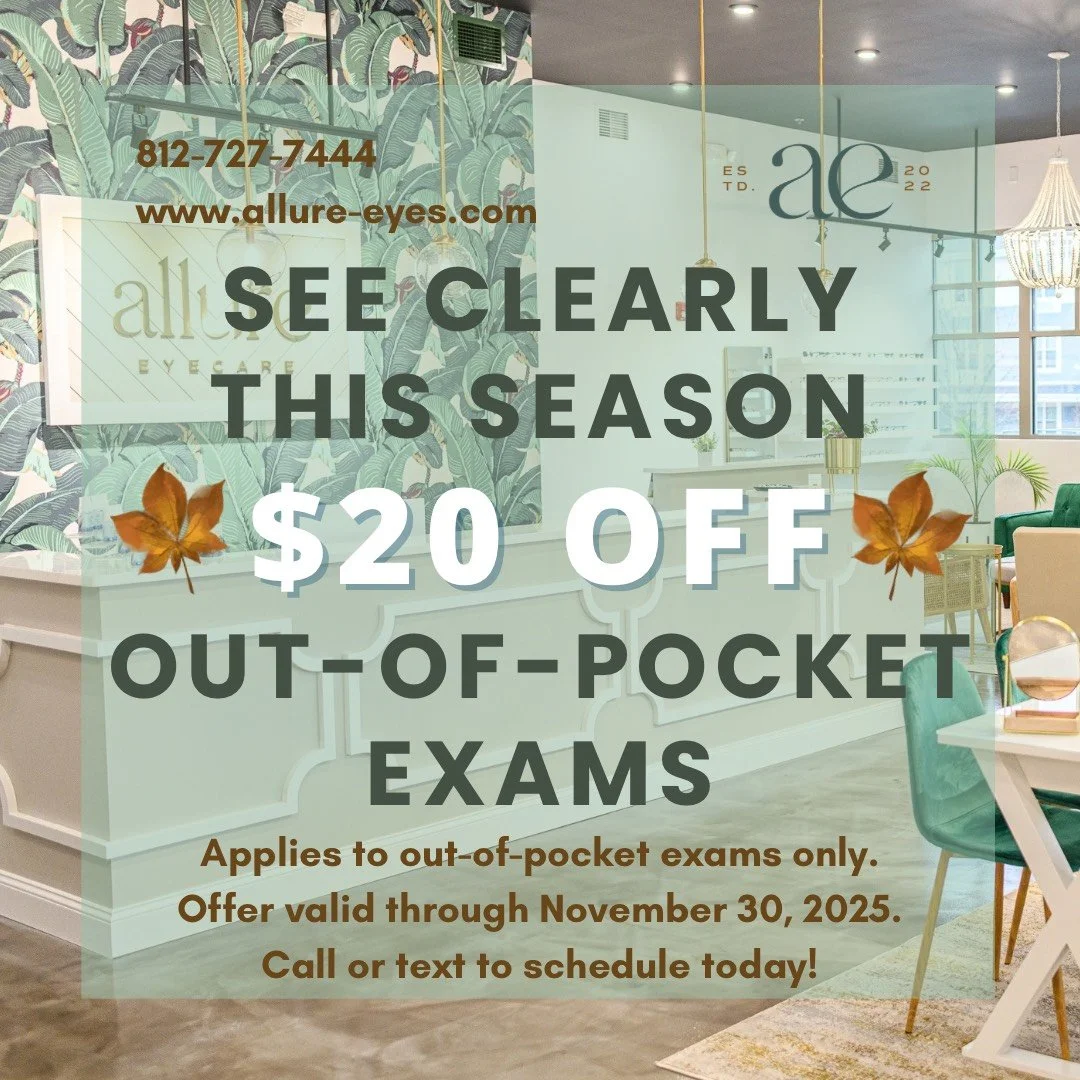 Fall into clearer vision this November! 🍁

Enjoy $20 off out-of-pocket eye exams all month long!

HSA + FSA funds can be used toward your visit &mdash; no insurance needed.

Schedule today &mdash; offer ends November 30!

💻 www.allure-eyes.com
📲 8