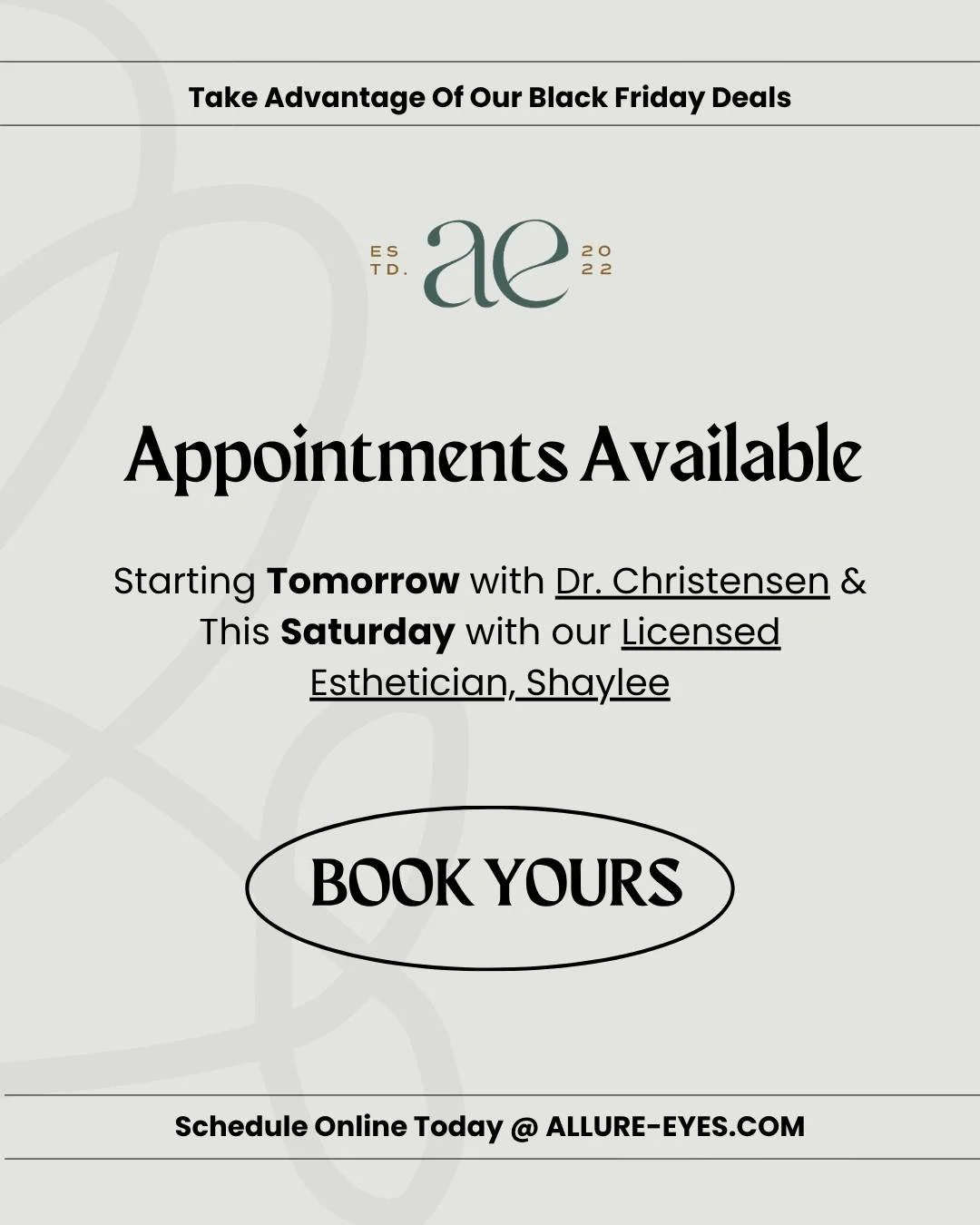 ⏰ Time is running out! Secure your spot this week for a comprehensive eye exam with Dr. Christensen or a Personalized Facial with LE Shaylee. 

🚨Don't let your HSA/FSA funds expire before 2026&mdash;use them now! Plus, lock in those incredible Black