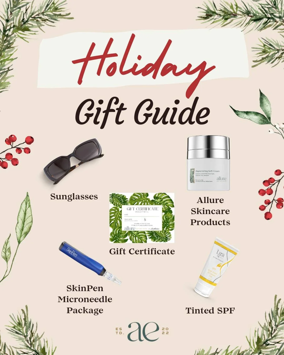 ✨🎄 Holiday gifting made easy 🎄✨
From medical-grade skincare favorites to stylish sunglasses, our Allure Gift Guide has something for everyone on your list (including you 😉).

✨ December Special: Purchase a $100 gift certificate and receive an extr