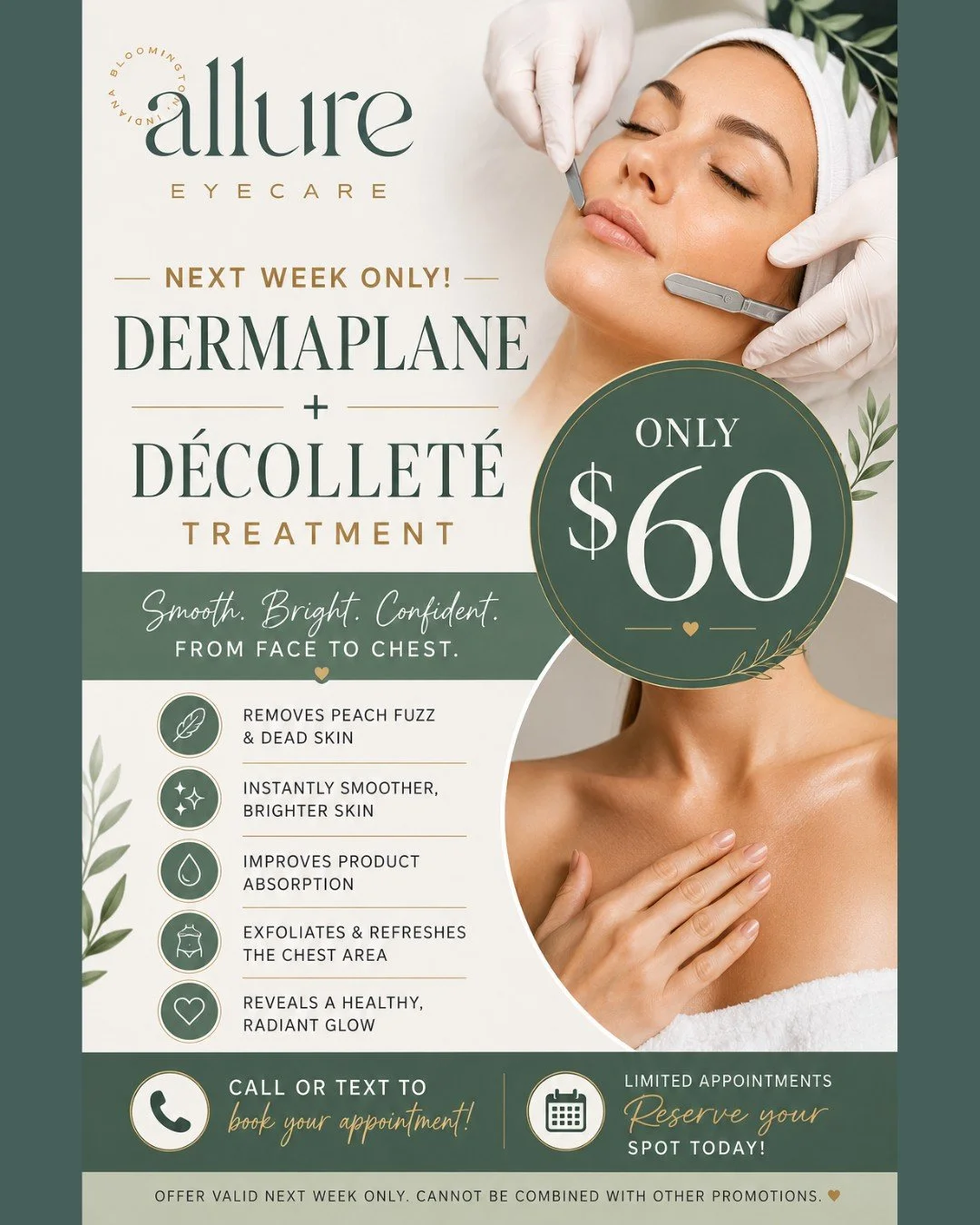 ✨ Smooth. Bright. Confident. ✨

For next week only, enjoy a Dermaplane + D&eacute;collet&eacute; Treatment for just $60!

This refreshing treatment helps:
🤍 Remove peach fuzz &amp; dead skin
🤍 Instantly reveal smoother, brighter skin
🤍 Improve pro