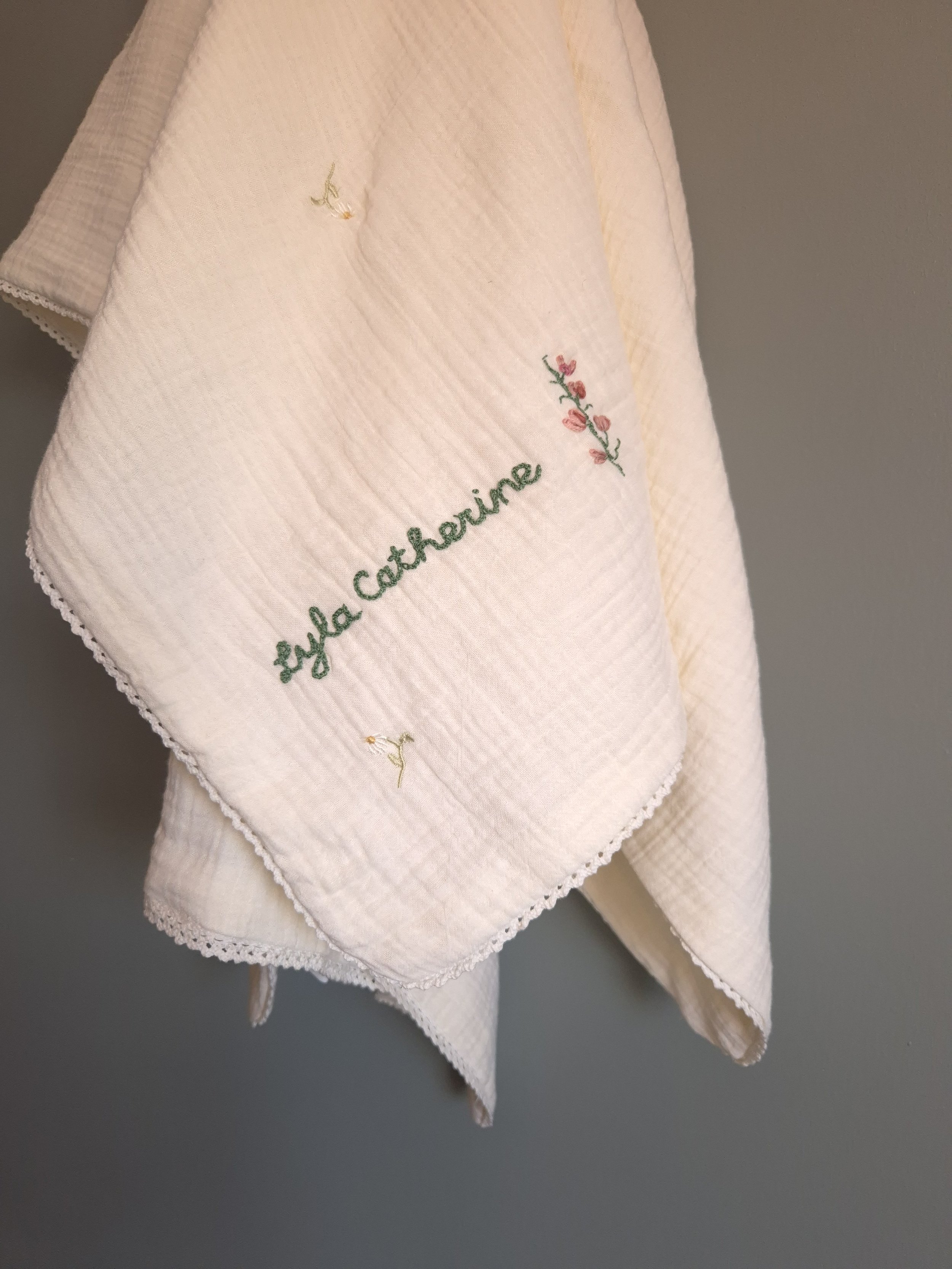 Hand embroidered Birth Flower Muslin Blankets. 100% Organic cotton