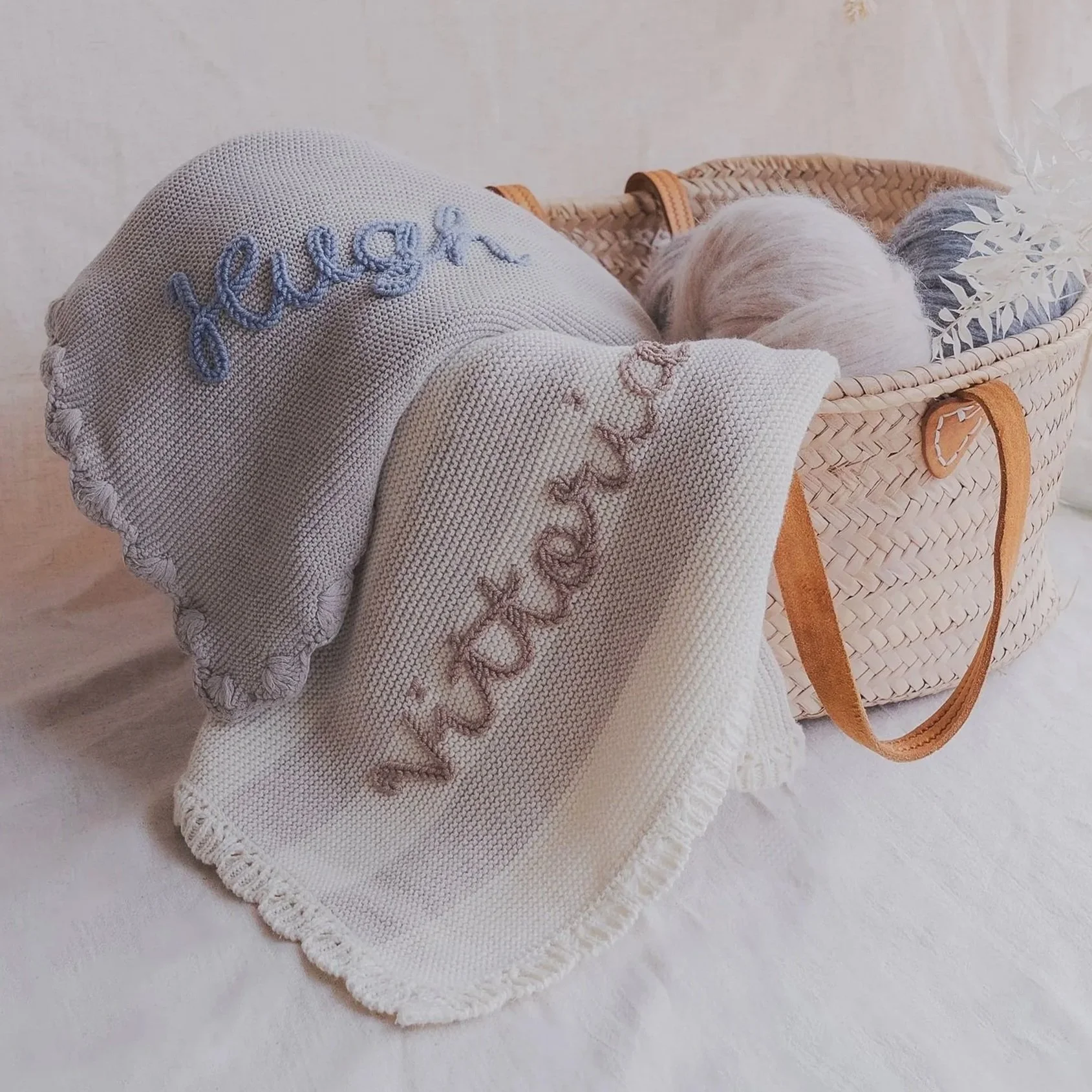 Hand embroidered Baby Name Blanket. 100% Organic cotton