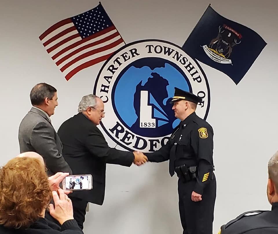 Congratulations to the new promotions at the Redford Township Police Dept. New Police Chief K. Jeziorowski, Capt. M. Cracchiolo, Lt. M. Crandall, &amp; Sgt. A. Kubrak! Thank you for your service and dedication to our beautiful community! 🚔🥳