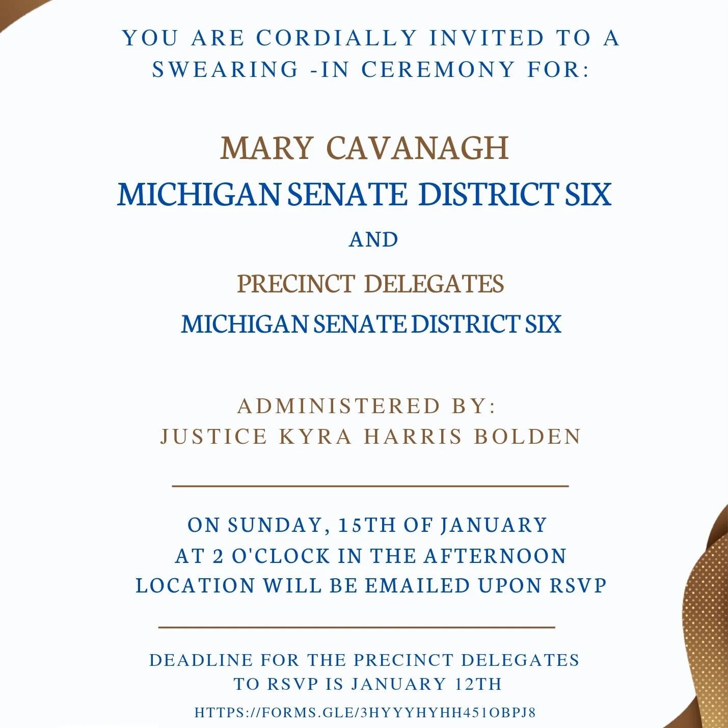 Calling all 6th Senate District Precinct delegates (includes Redford, Farmington, &amp; parts of Livonia, NW Detroit, &amp; Farmington Hills)!! When I say #TogetherWeWin , I mean it! Join me Sunday, Jan 15th for a swearing in ceremony for Precinct De