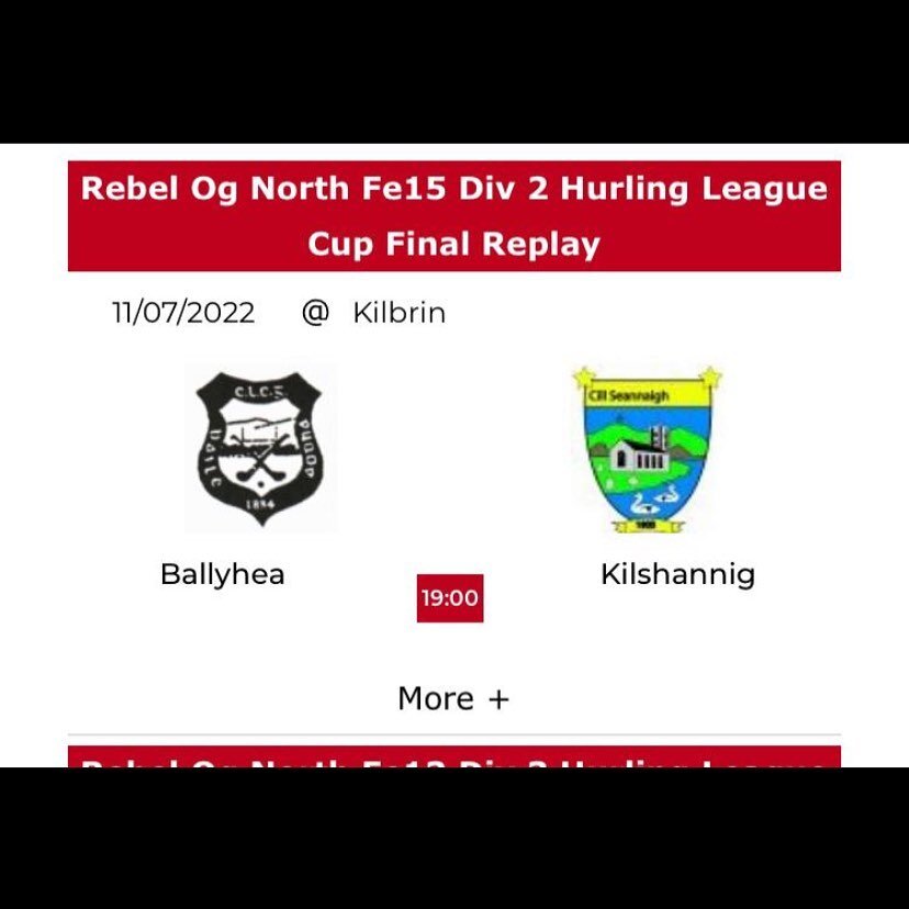 Best of luck to our u-15 hurlers in the league final replay in Kilbrin this evening .