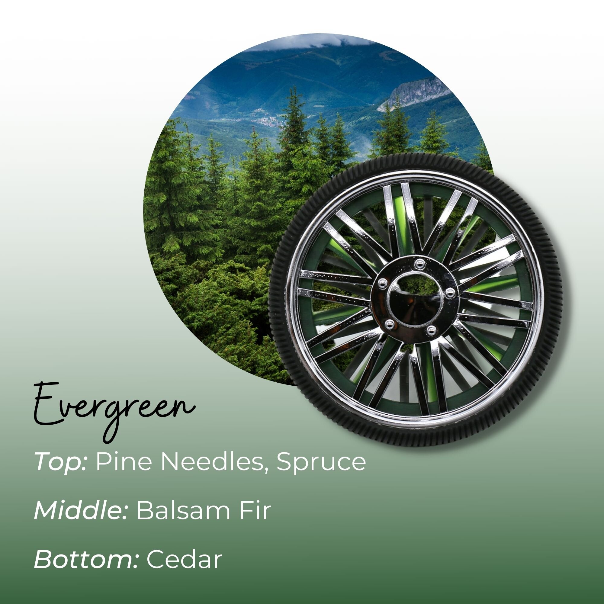 With notes of Pine Needles, Spruce, Balsam Fir, and Cedar, the Wheel Spinner by Drive Time&reg; is perfect for anyone needing a boost of the outdoors. This vent clip air freshener is simple, stylish, and effective. Customers love it! Order your Everg