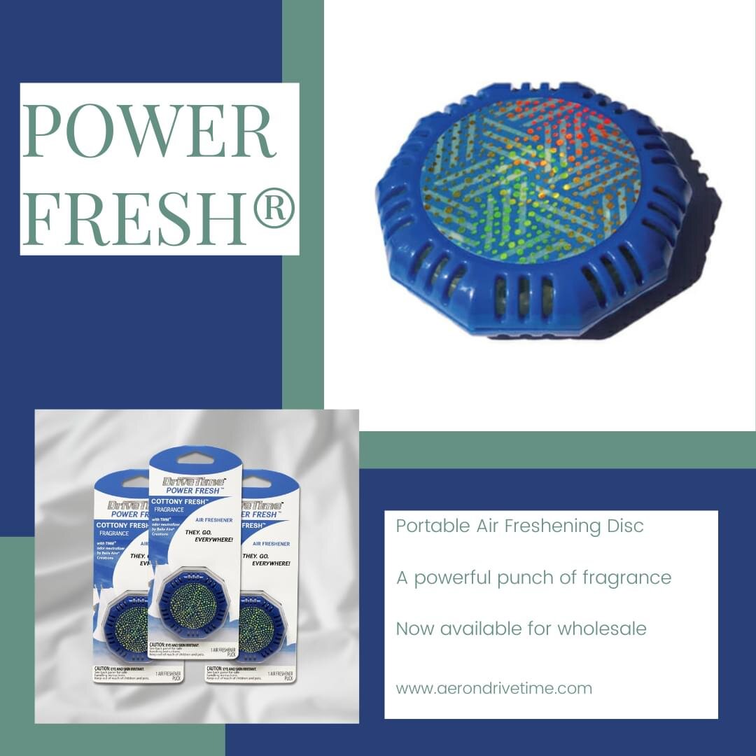 A powerful punch of fragrance: Power Fresh&reg; Portable Air Freshening Discs! Add these to your store&rsquo;s inventory to give your customers an easy boost of fragrance wherever they need it. They can toss it in their cupholders, their closet, thei