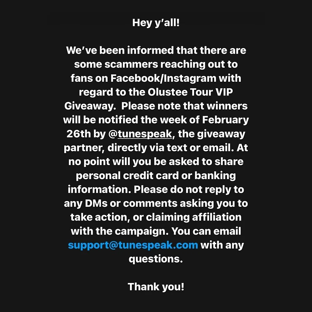 A note on Olustee Tour Giveaway scammers. Be safe out there folks 🙏 If any accounts contact you claiming to be JJ Grey, please report them! 

Official Social Media Handles:
Instagram - jjgreymusic 
Facebook - facebook.com/MOFROBAND
Twitter - JJGREYa