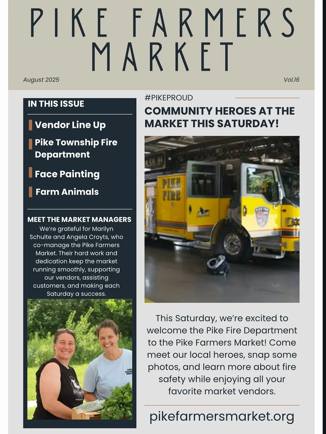 Only two Saturdays left in our 2025 season! 🎉 This week, our Community Partner is the Pike Township Fire Department, and we&rsquo;ll have live music from Mike and Vicki. Come early, shop your favorite vendors, and soak up the market vibes before the