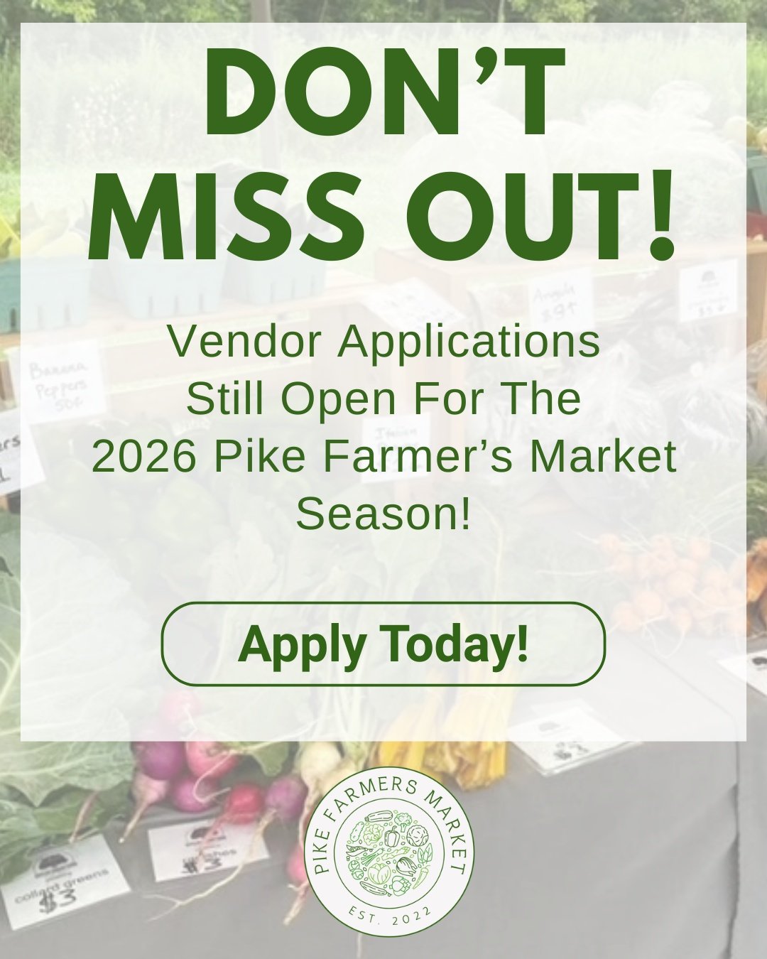 Our market is built on more than great products. It&rsquo;s built through our community.

From early morning setups to familiar faces week after week, Pike Farmers Market is a place where vendors and shoppers can connect.

Interested in being part of